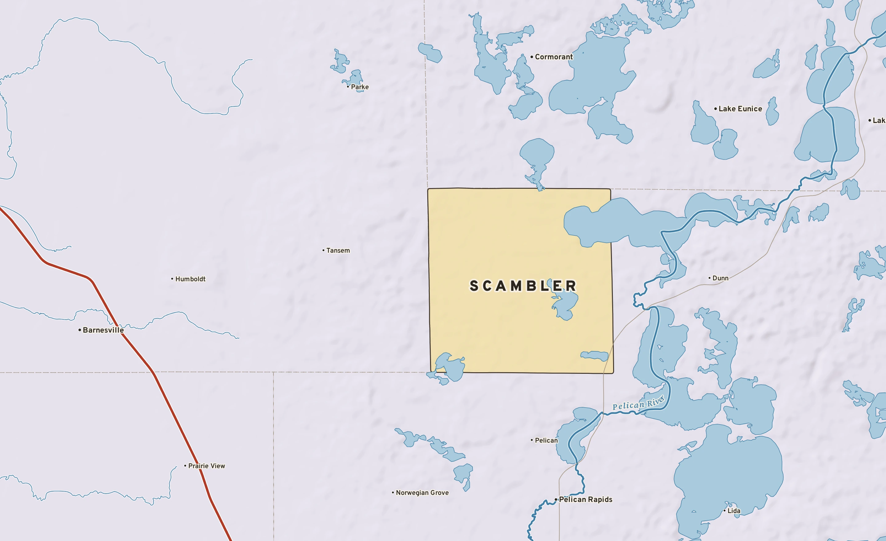 Shaded-relief atlas plate of Scambler, Minnesota: rivers, roads, the city limits and where the water drains.