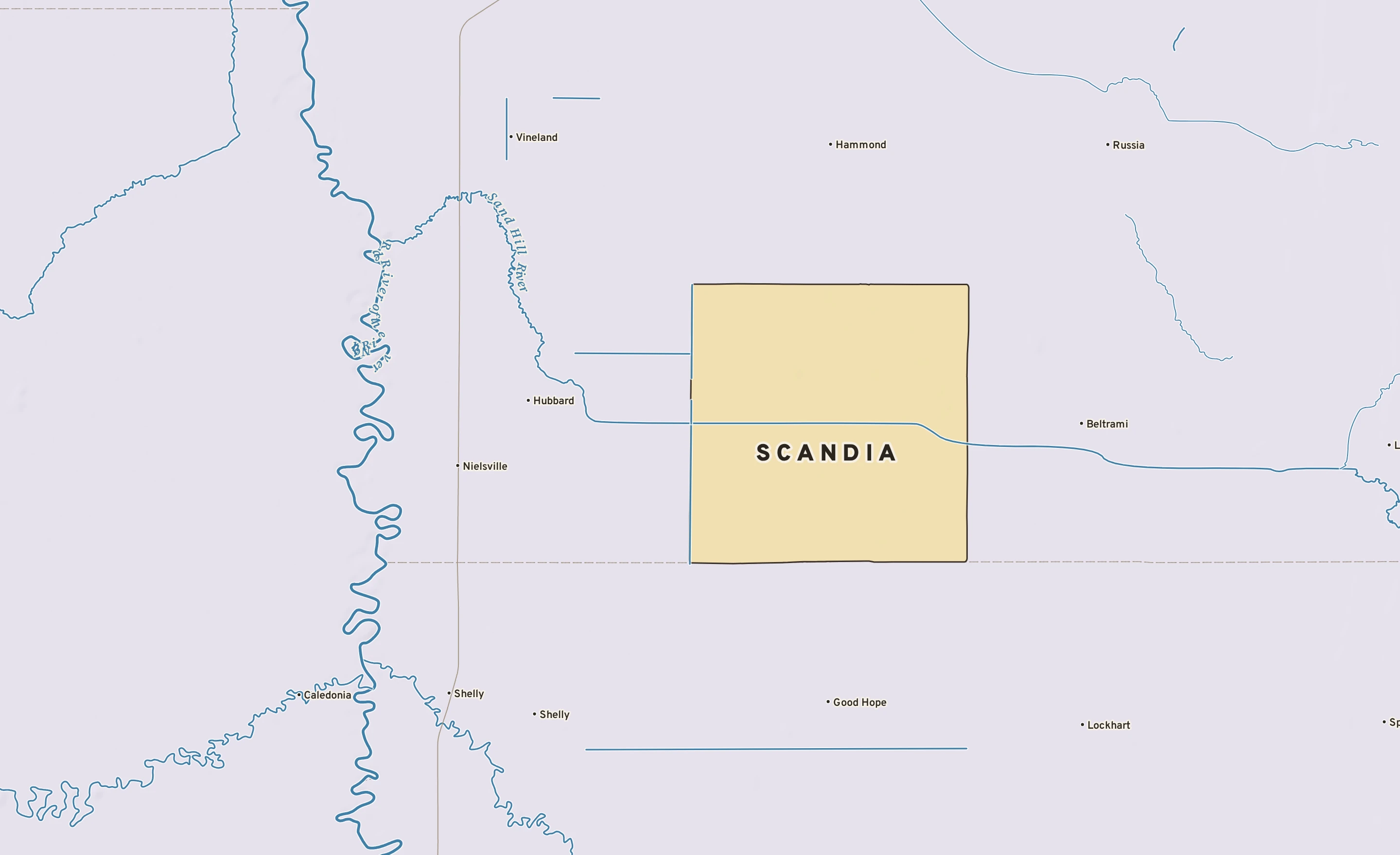 Shaded-relief atlas plate of Scandia, Minnesota: rivers, roads, the city limits and where the water drains.