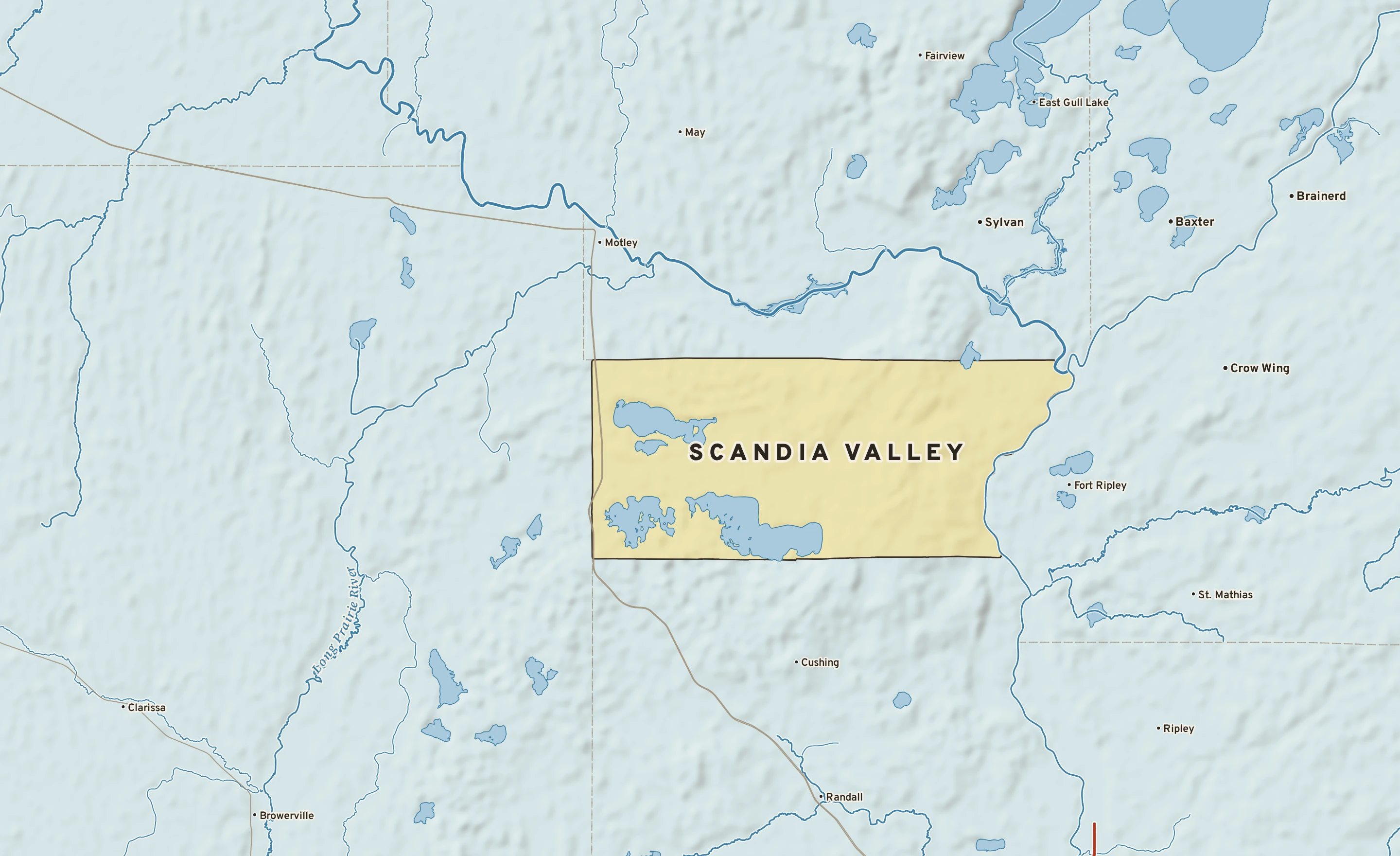 Shaded-relief atlas plate of Scandia Valley, Minnesota: rivers, roads, the city limits and where the water drains.