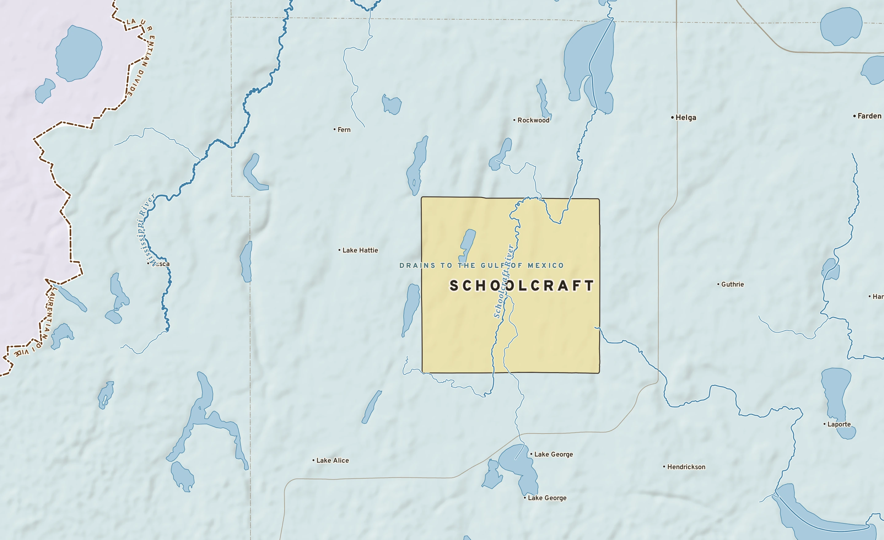 Shaded-relief atlas plate of Schoolcraft, Minnesota: rivers, roads, the city limits and where the water drains.