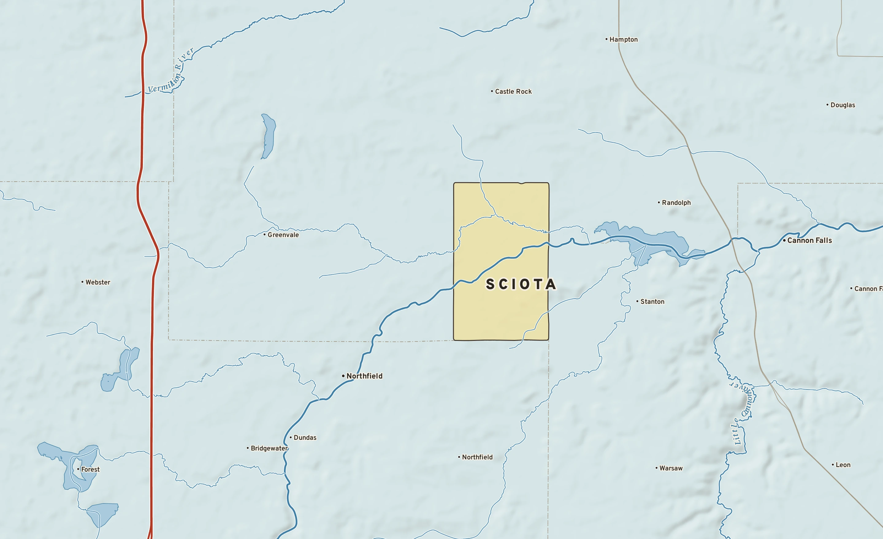 Shaded-relief atlas plate of Sciota, Minnesota: rivers, roads, the city limits and where the water drains.