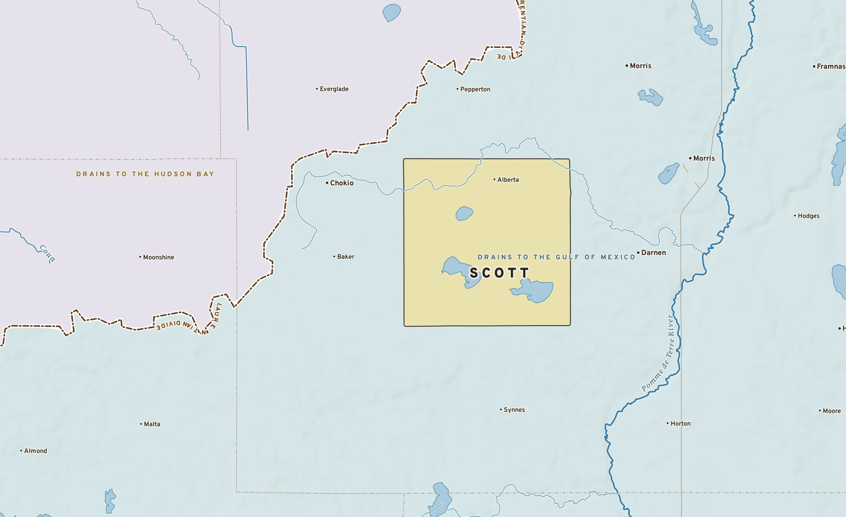Shaded-relief atlas plate of Scott, Minnesota: rivers, roads, the city limits and where the water drains.