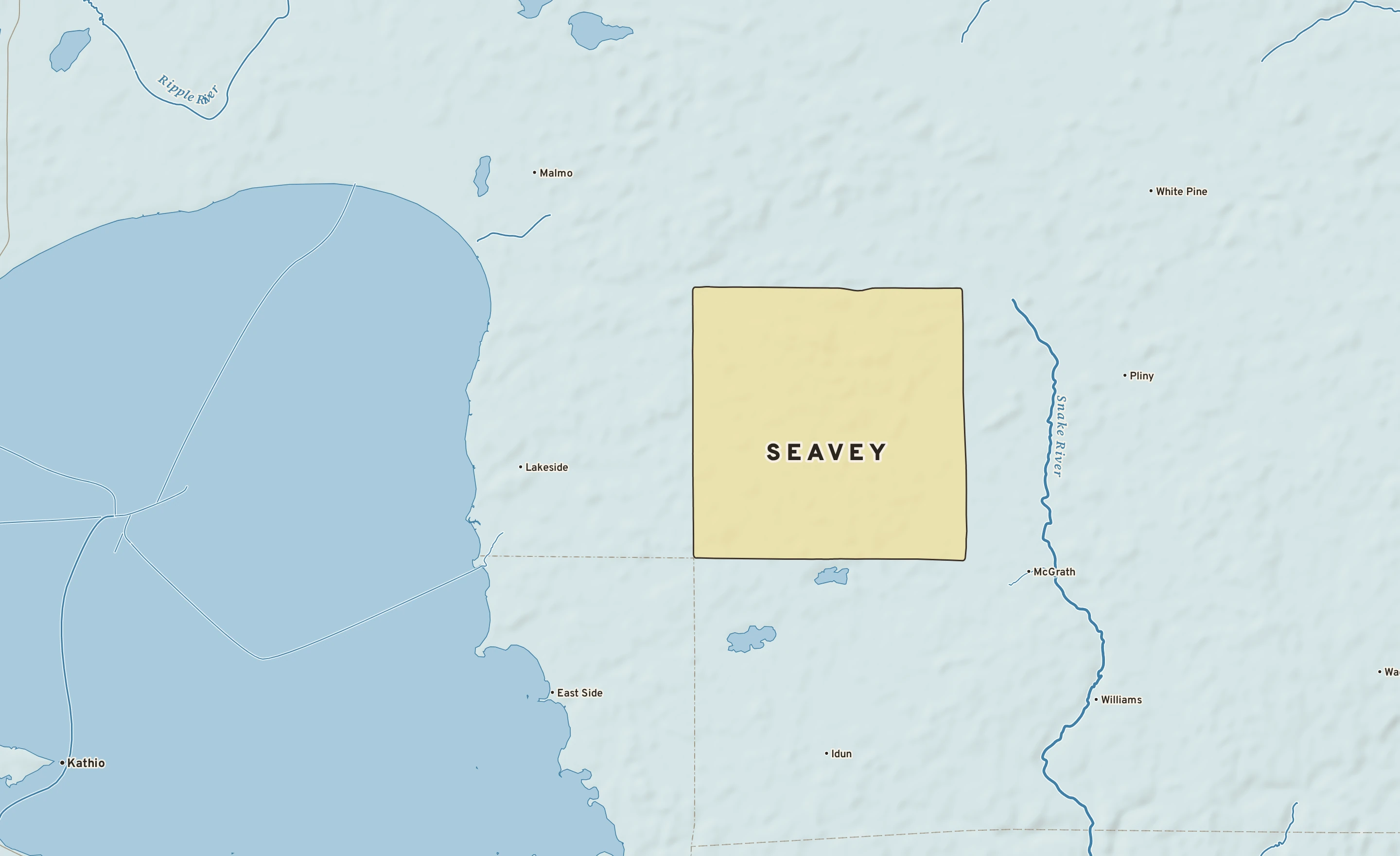 Shaded-relief atlas plate of Seavey, Minnesota: rivers, roads, the city limits and where the water drains.