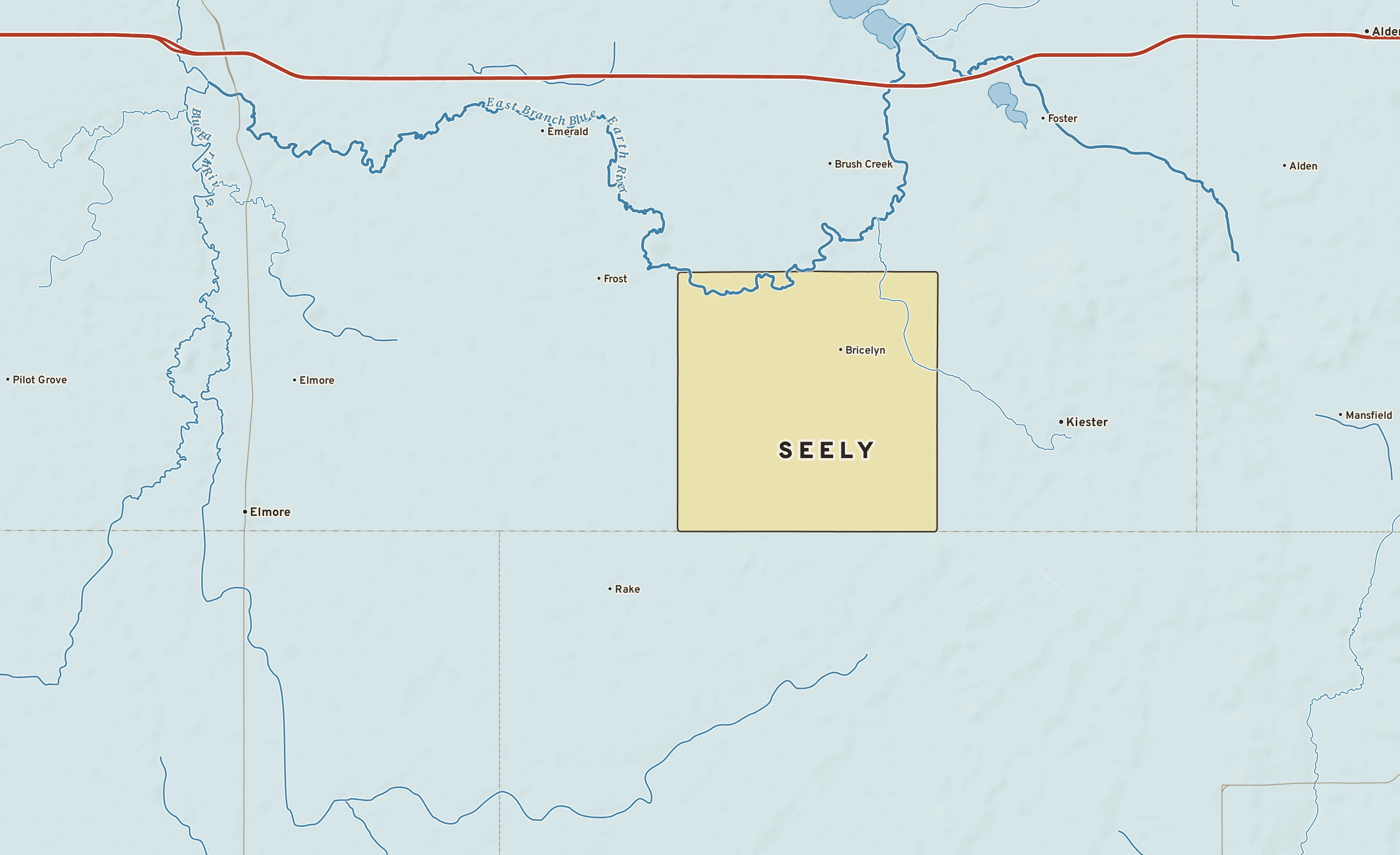 Shaded-relief atlas plate of Seely, Minnesota: rivers, roads, the city limits and where the water drains.