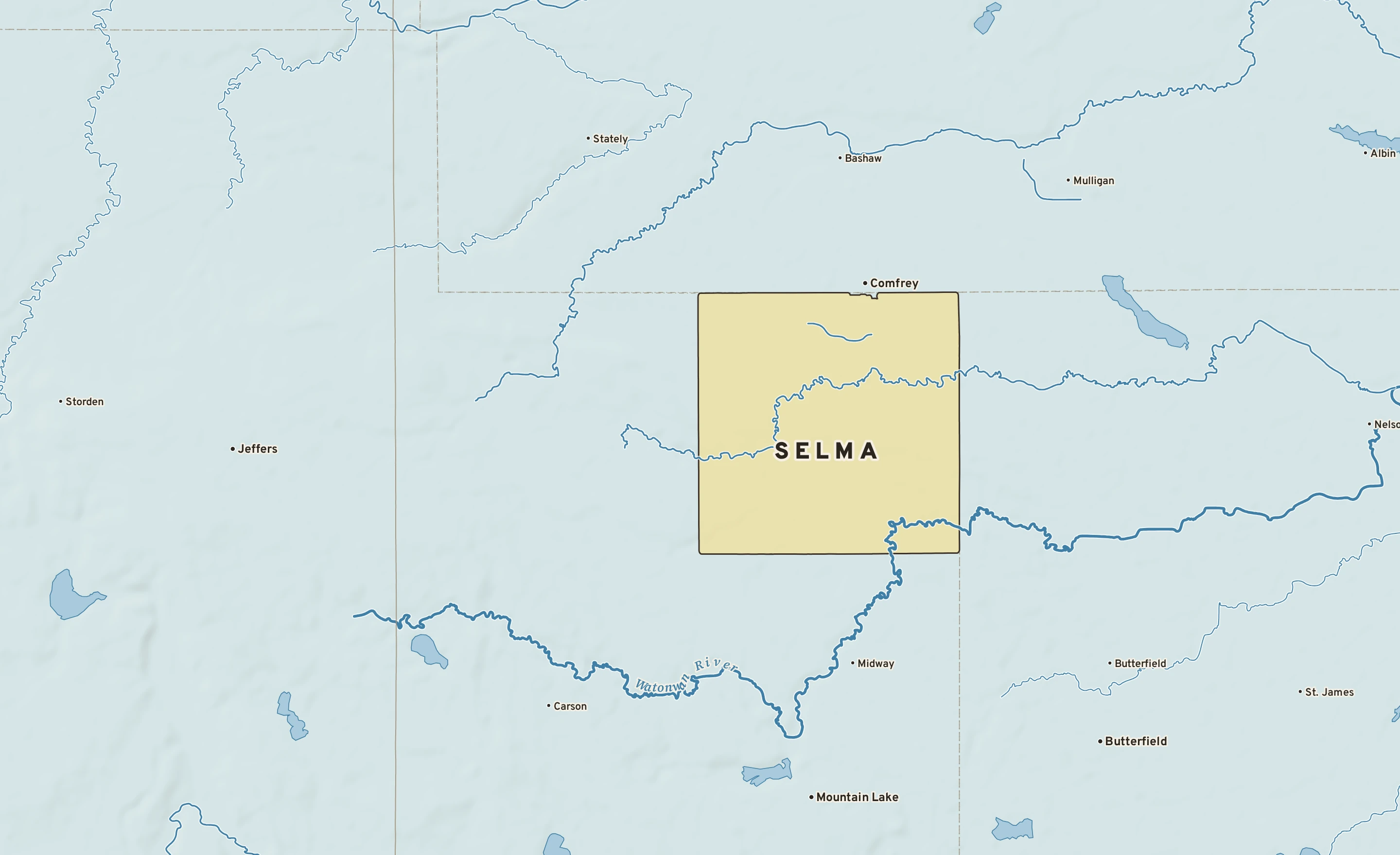 Shaded-relief atlas plate of Selma, Minnesota: rivers, roads, the city limits and where the water drains.