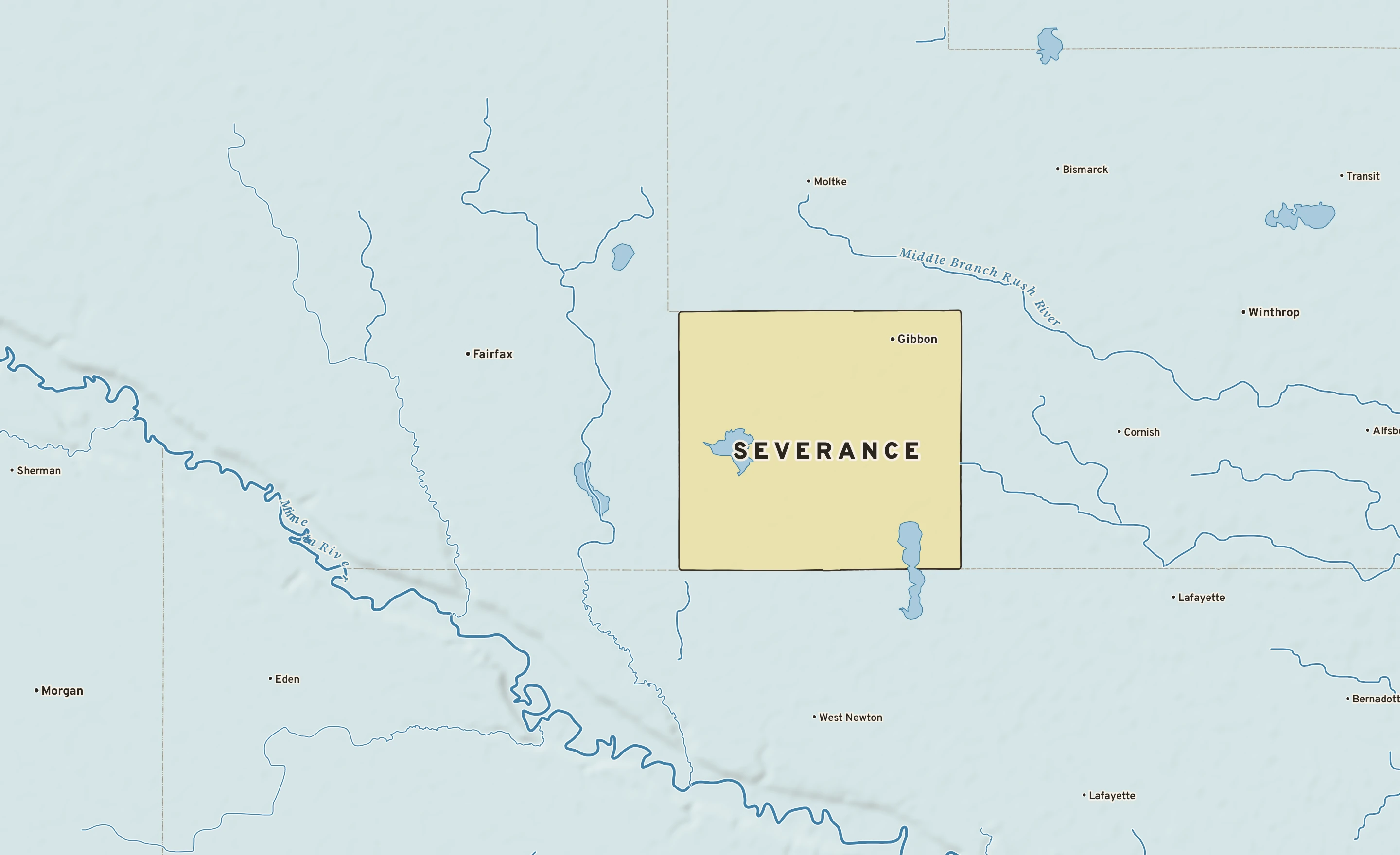 Shaded-relief atlas plate of Severance, Minnesota: rivers, roads, the city limits and where the water drains.