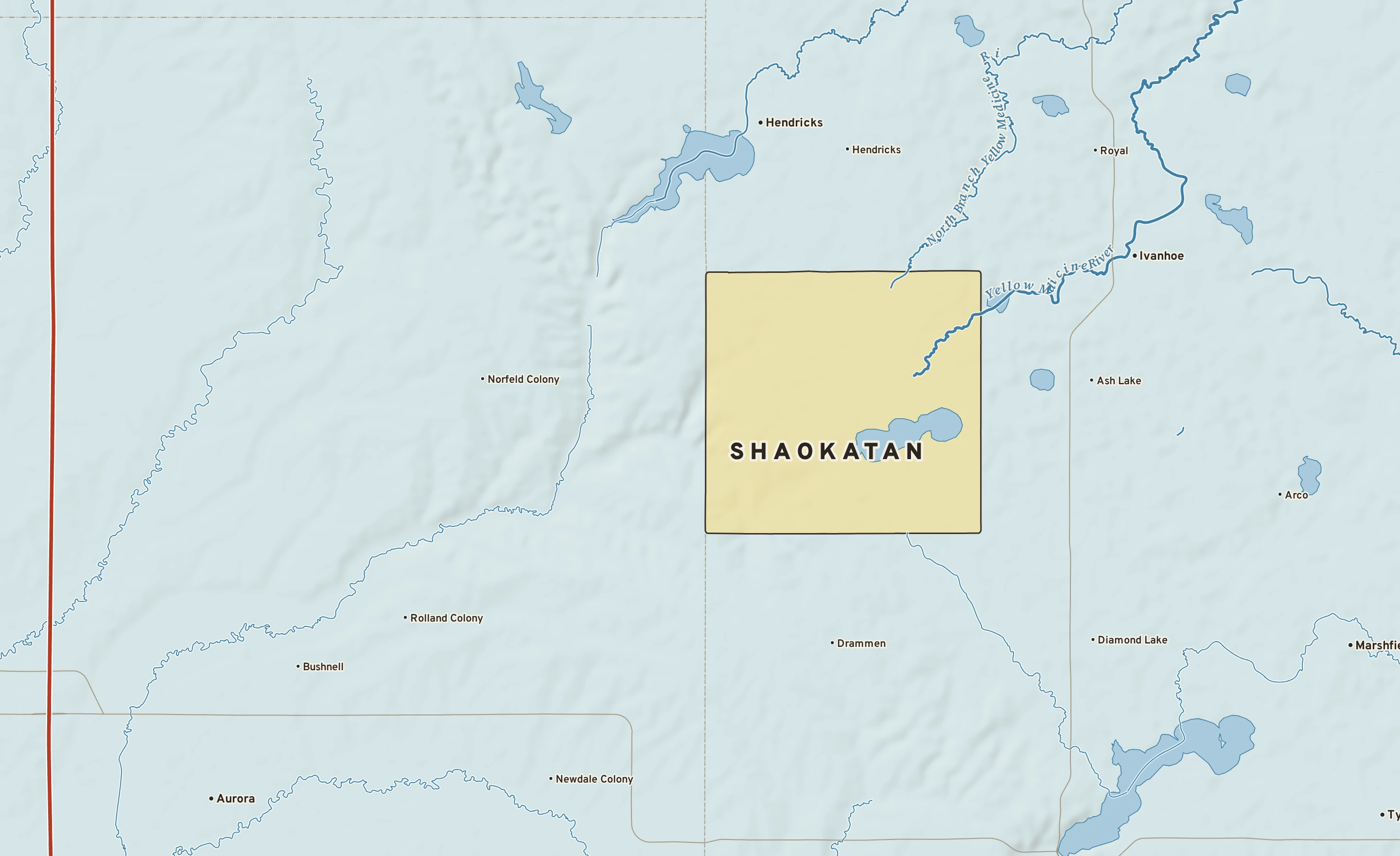 Shaded-relief atlas plate of Shaokatan, Minnesota: rivers, roads, the city limits and where the water drains.