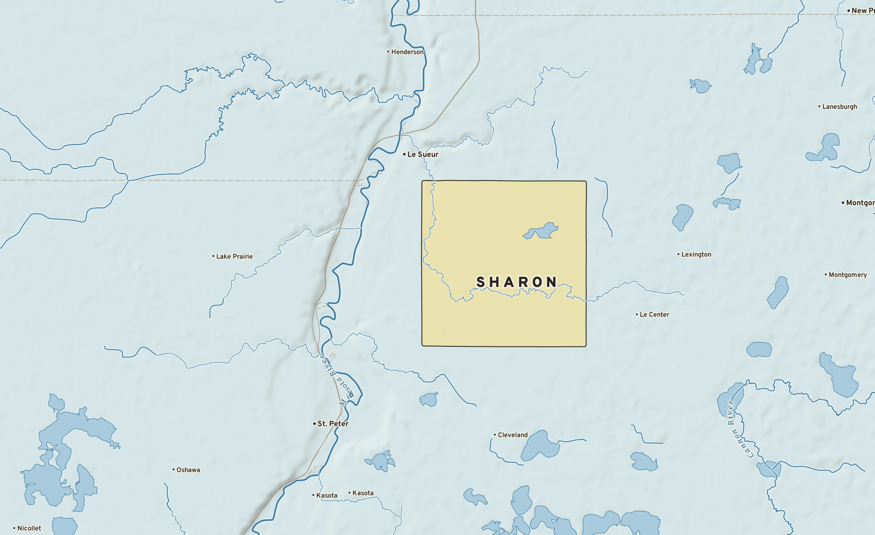 Shaded-relief atlas plate of Sharon, Minnesota: rivers, roads, the city limits and where the water drains.