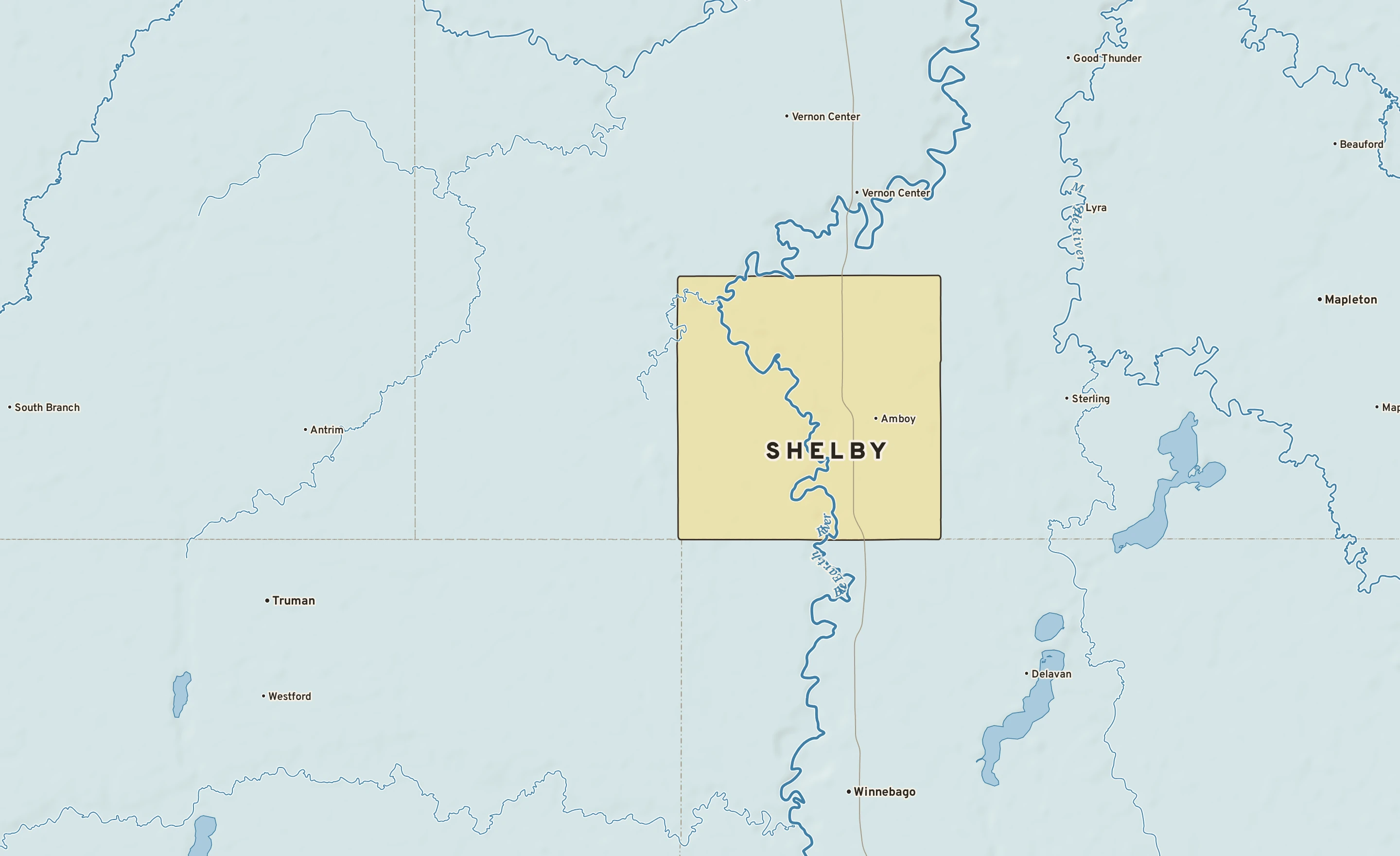 Shaded-relief atlas plate of Shelby, Minnesota: rivers, roads, the city limits and where the water drains.