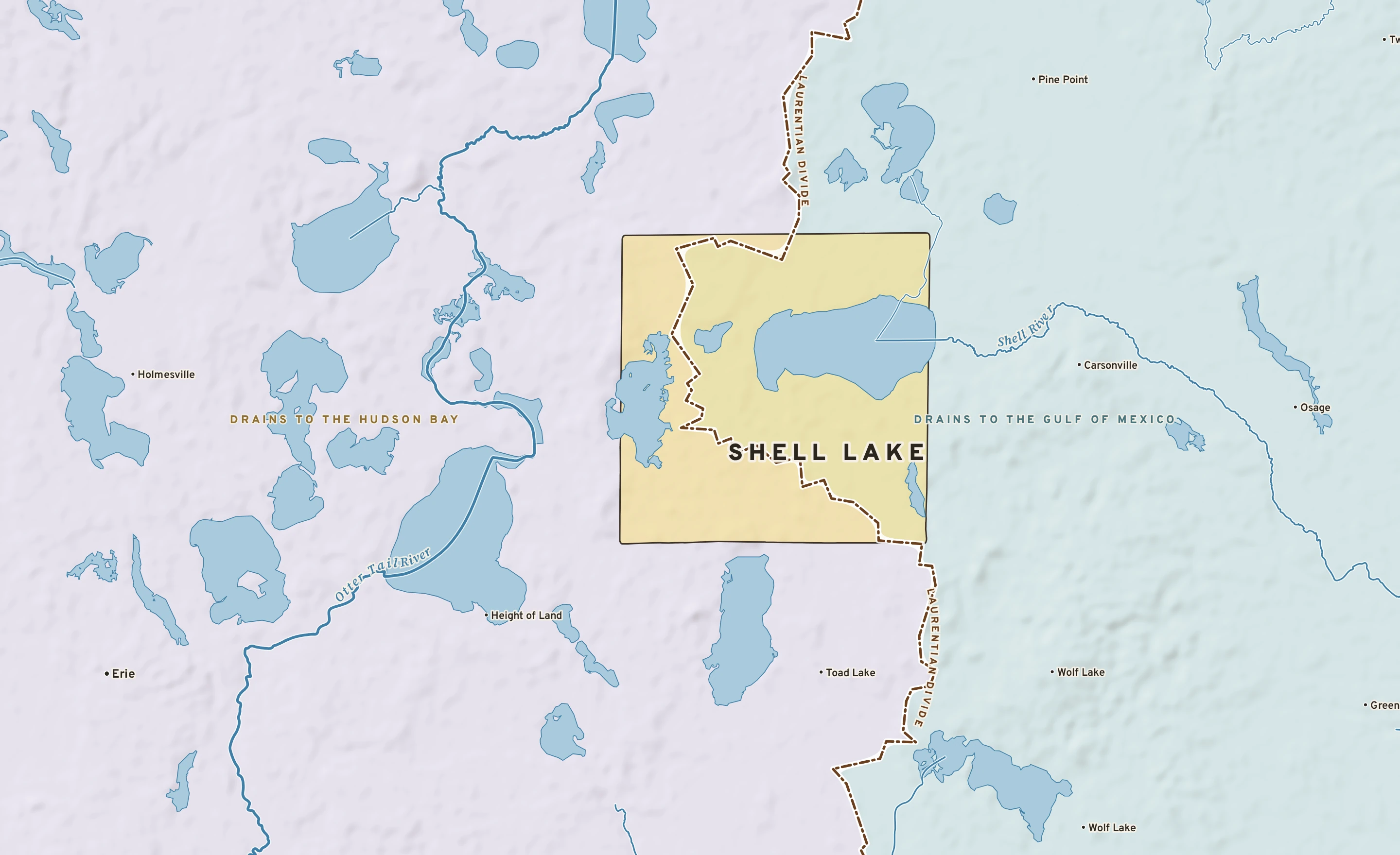 Shaded-relief atlas plate of Shell Lake, Minnesota: rivers, roads, the city limits and where the water drains.