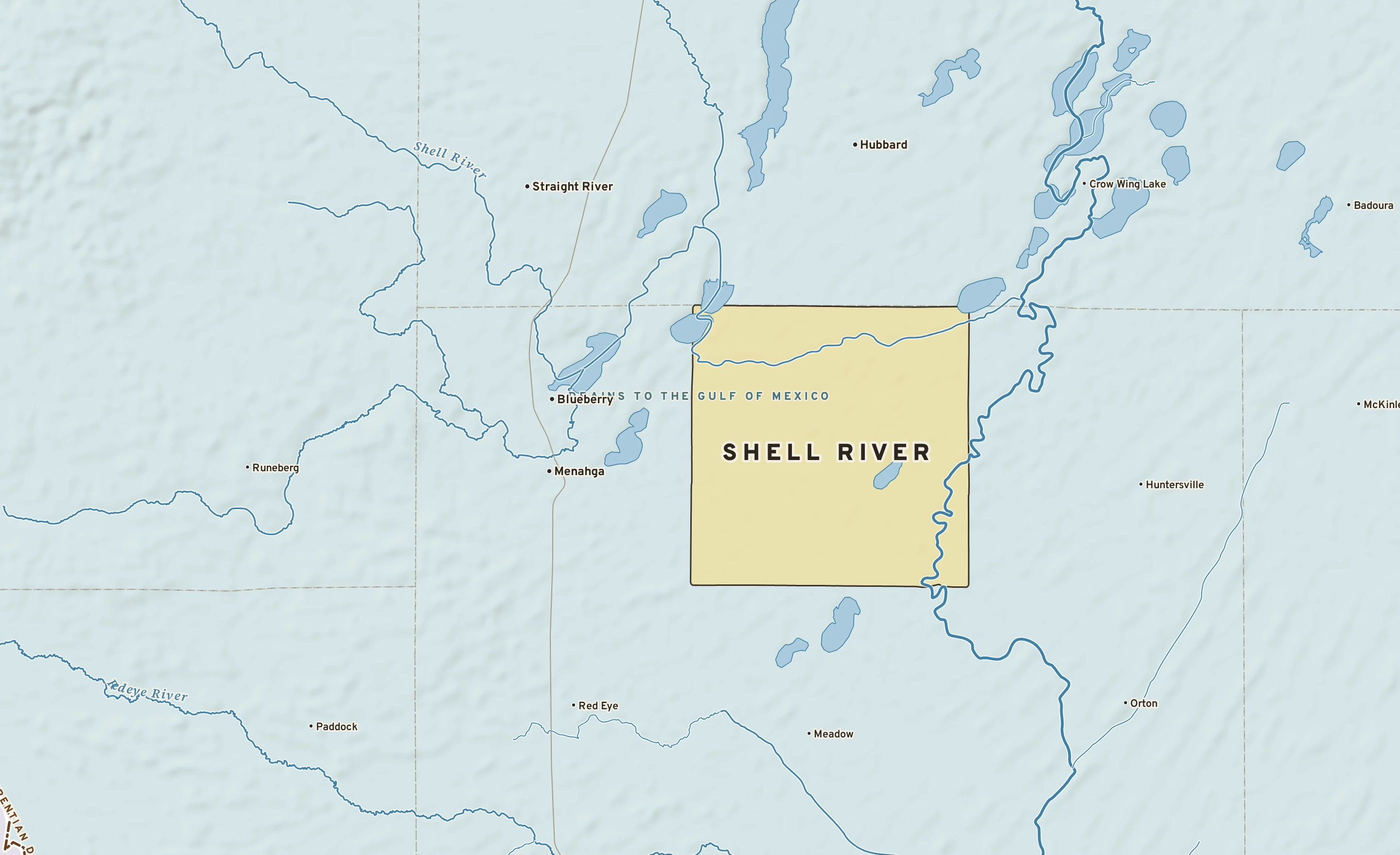 Shaded-relief atlas plate of Shell River, Minnesota: rivers, roads, the city limits and where the water drains.