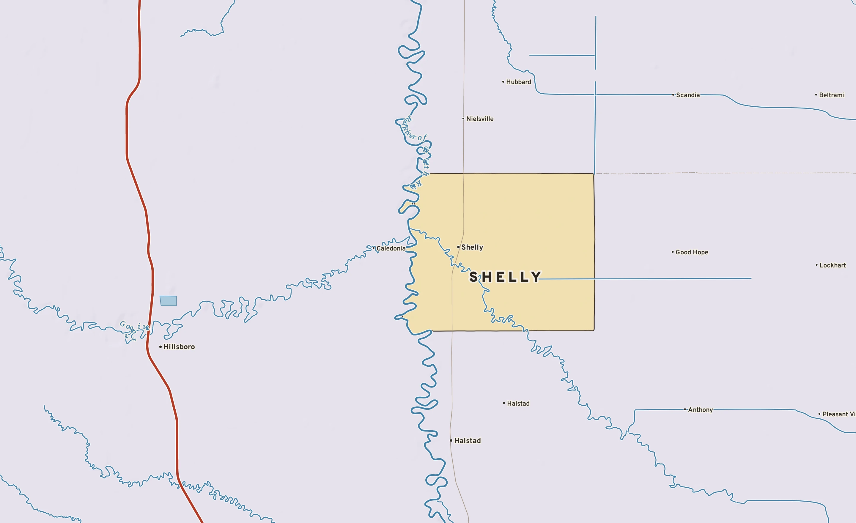 Shaded-relief atlas plate of Shelly, Minnesota: rivers, roads, the city limits and where the water drains.