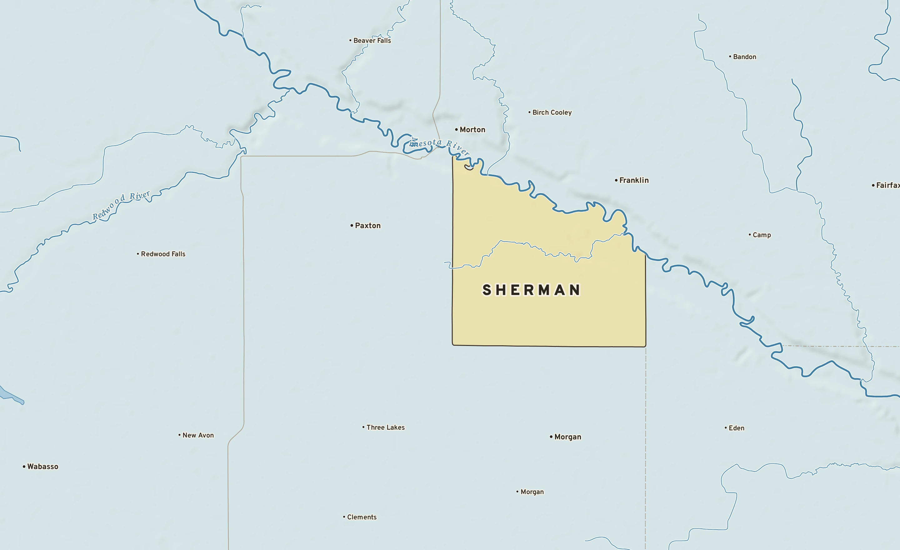Shaded-relief atlas plate of Sherman, Minnesota: rivers, roads, the city limits and where the water drains.
