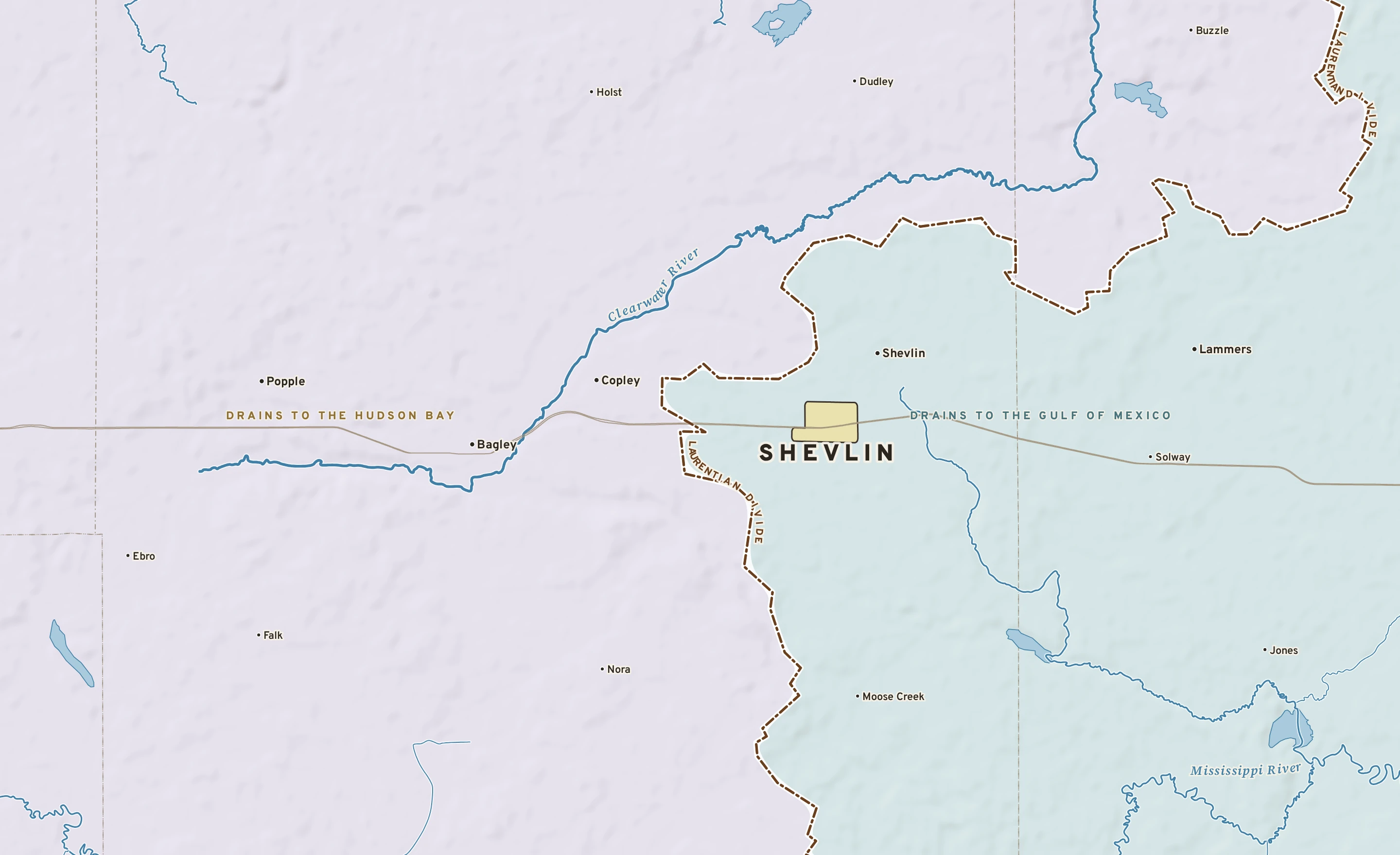 Shaded-relief atlas plate of Shevlin, Minnesota: rivers, roads, the city limits and where the water drains.