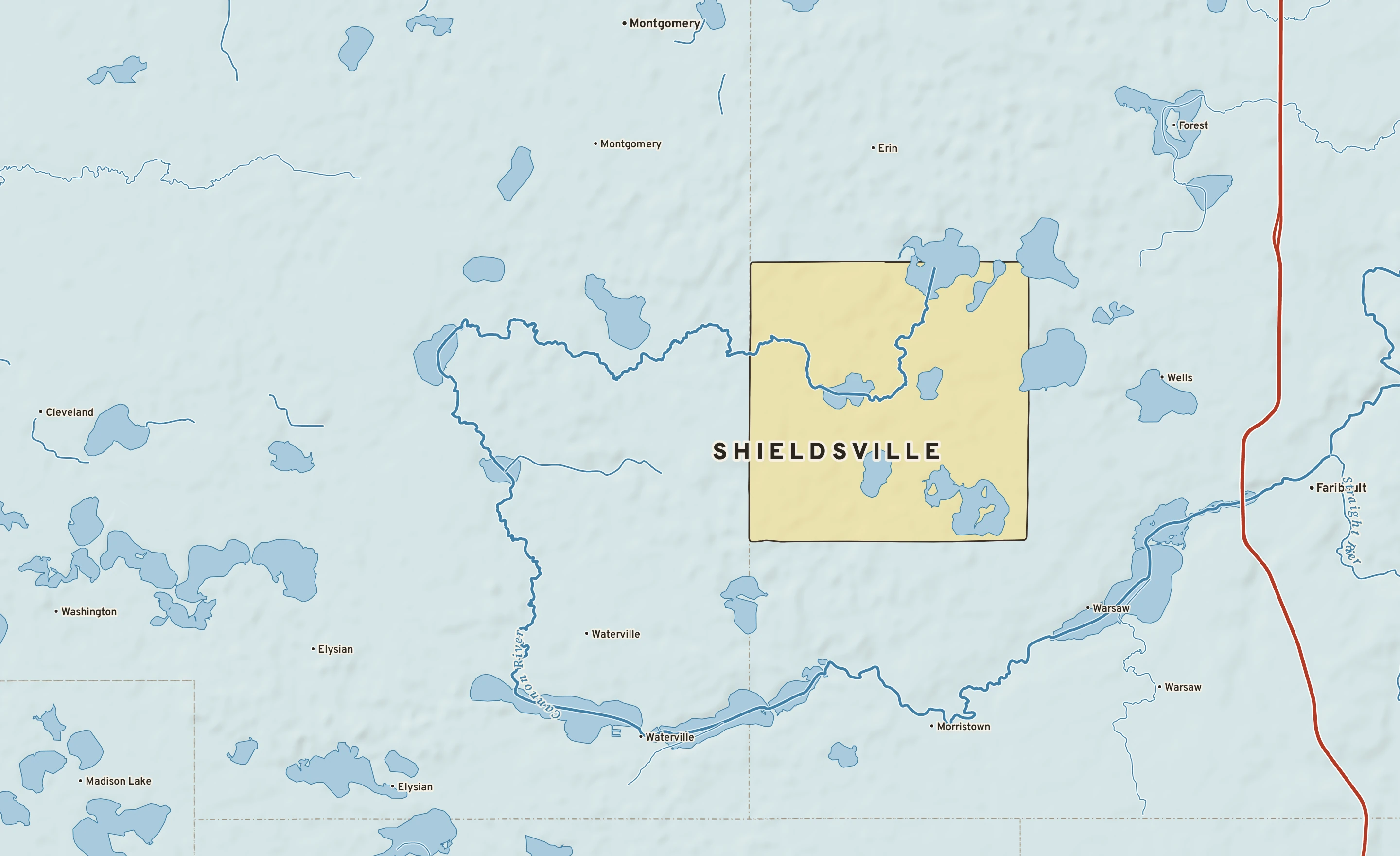 Shaded-relief atlas plate of Shieldsville, Minnesota: rivers, roads, the city limits and where the water drains.