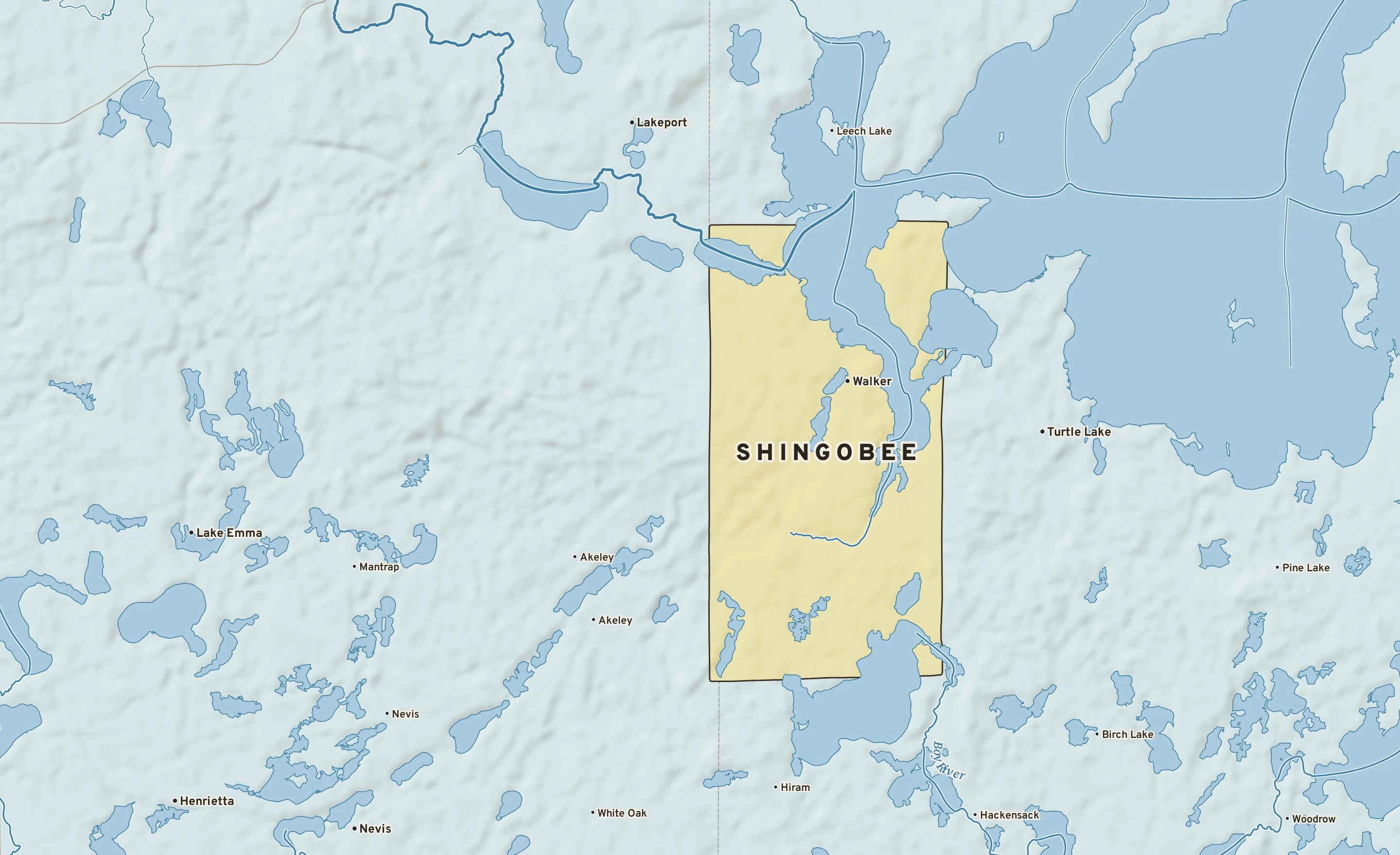 Shaded-relief atlas plate of Shingobee, Minnesota: rivers, roads, the city limits and where the water drains.
