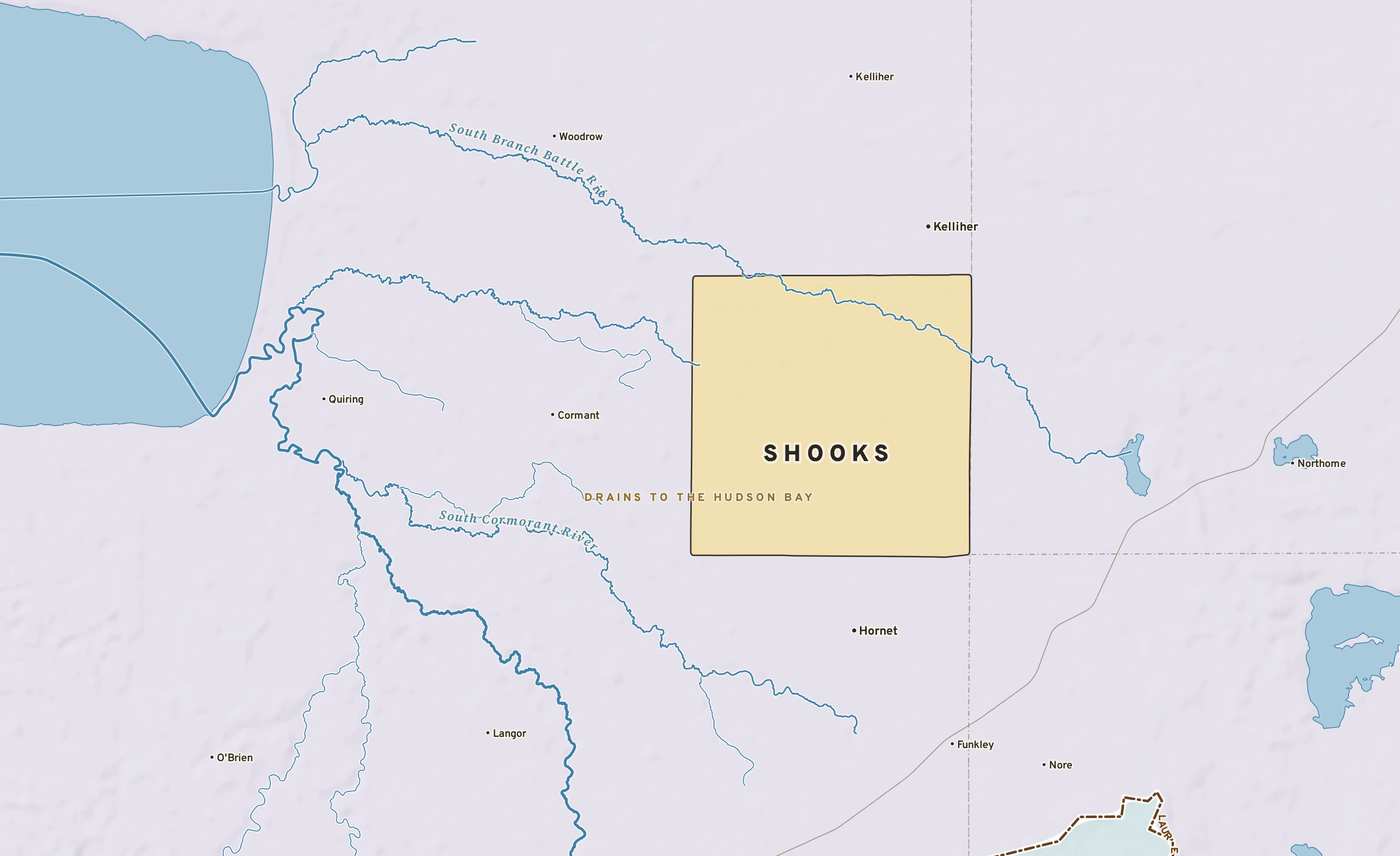 Shaded-relief atlas plate of Shooks, Minnesota: rivers, roads, the city limits and where the water drains.