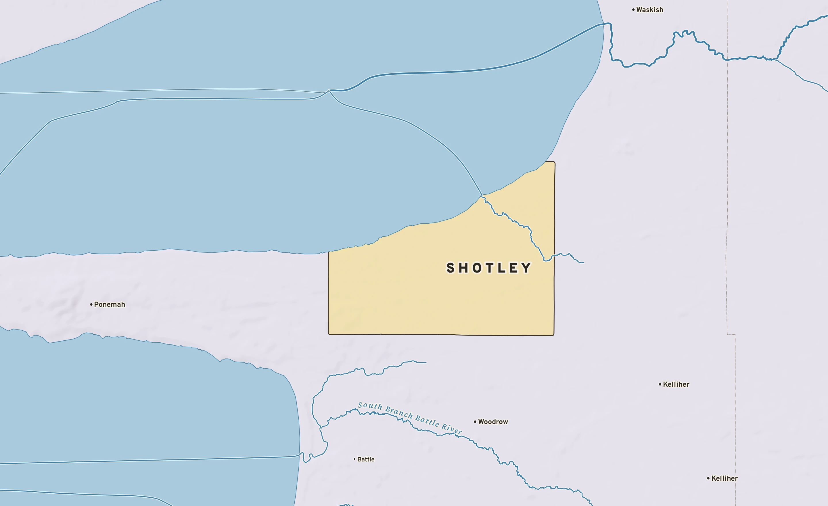 Shaded-relief atlas plate of Shotley, Minnesota: rivers, roads, the city limits and where the water drains.