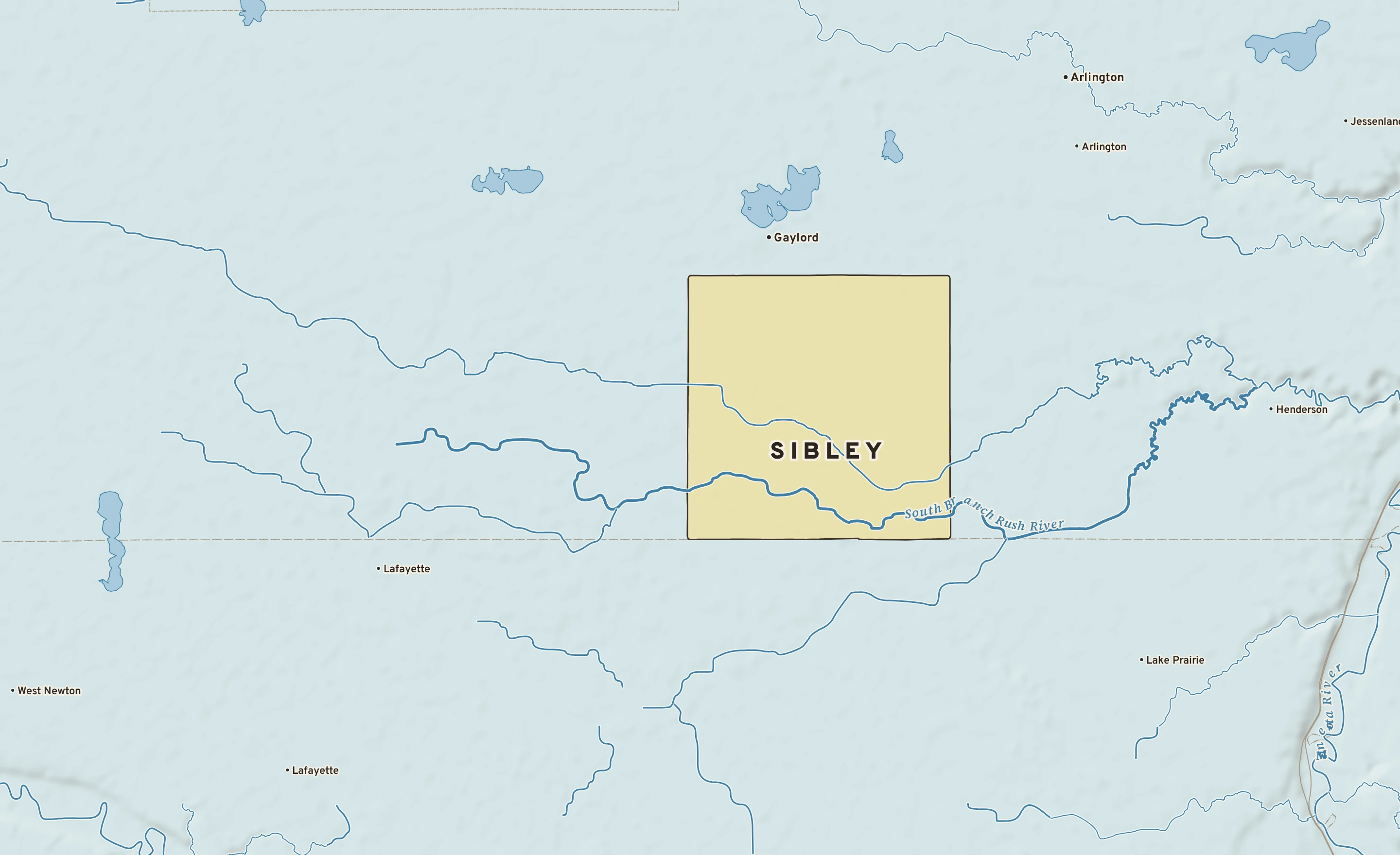 Shaded-relief atlas plate of Sibley, Minnesota: rivers, roads, the city limits and where the water drains.