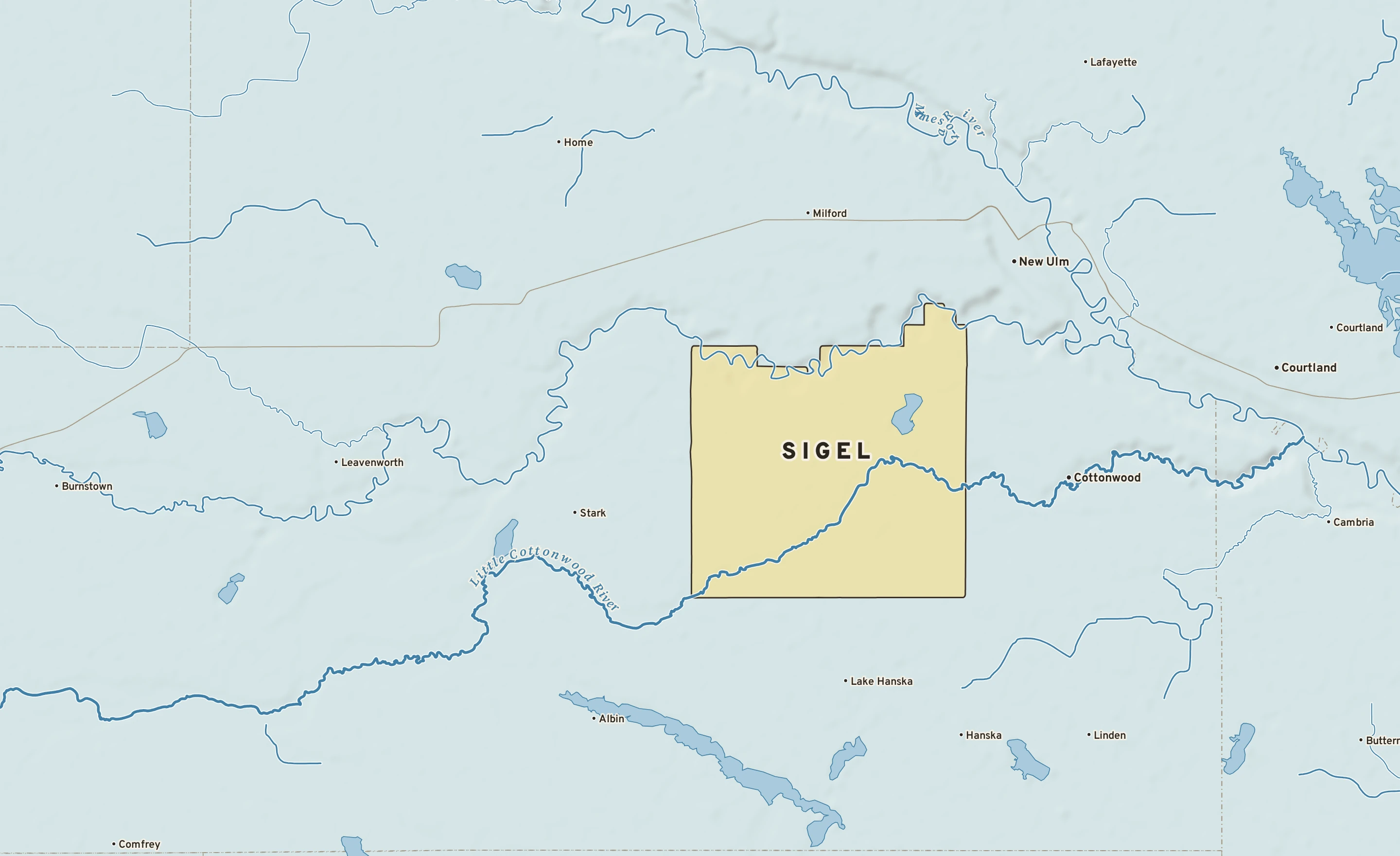 Shaded-relief atlas plate of Sigel, Minnesota: rivers, roads, the city limits and where the water drains.