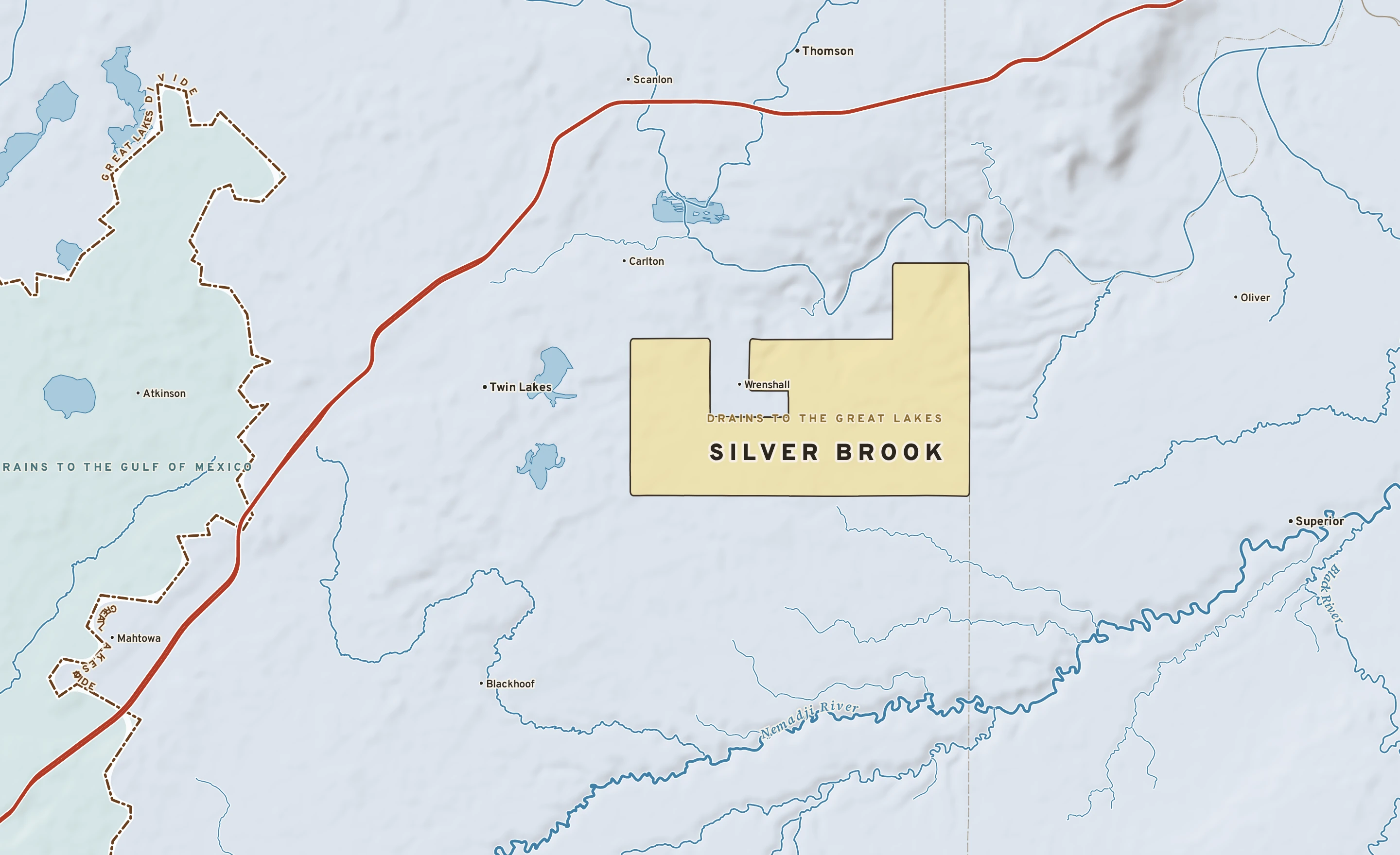 Shaded-relief atlas plate of Silver Brook, Minnesota: rivers, roads, the city limits and where the water drains.