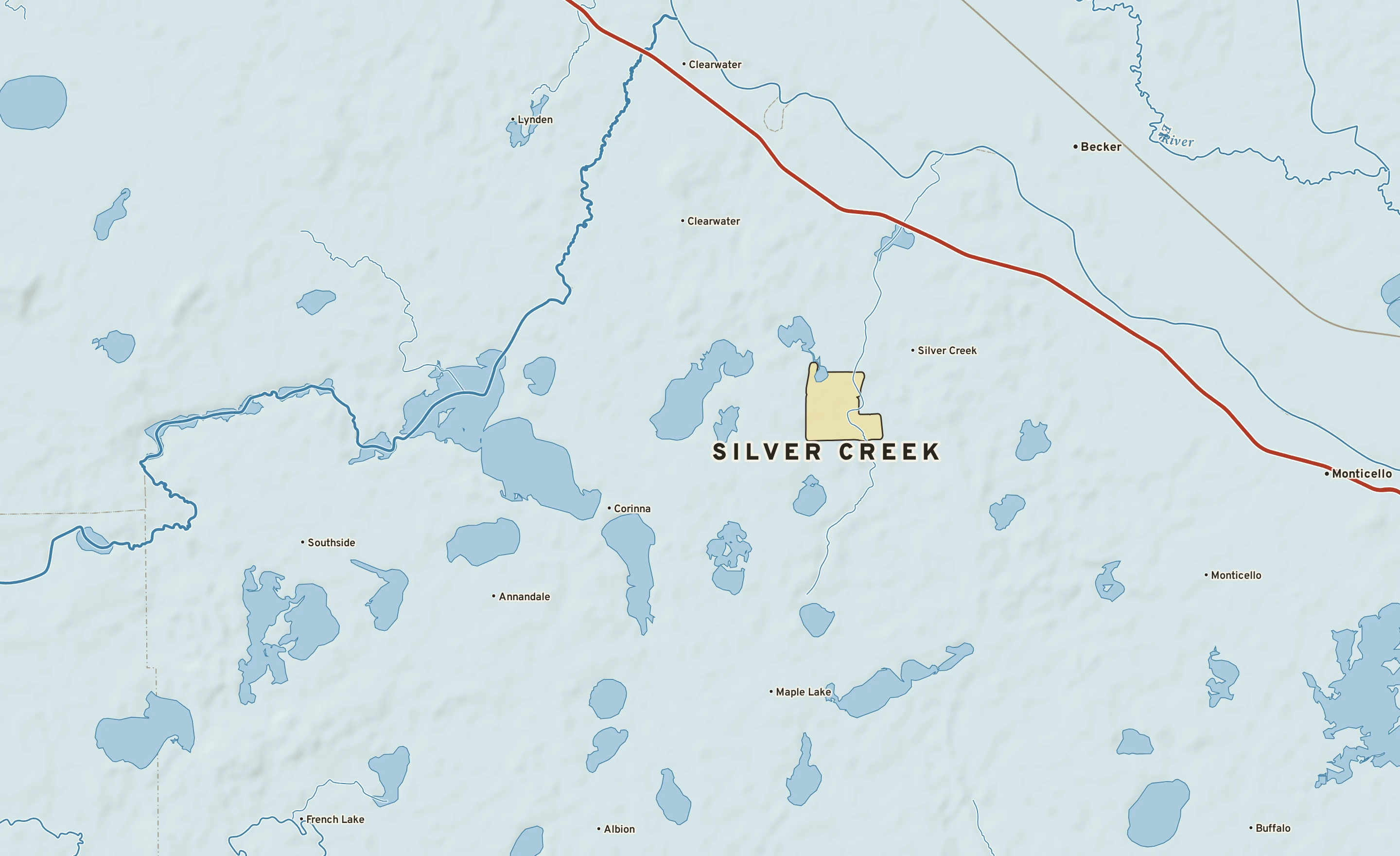 Shaded-relief atlas plate of Silver Creek, Minnesota: rivers, roads, the city limits and where the water drains.