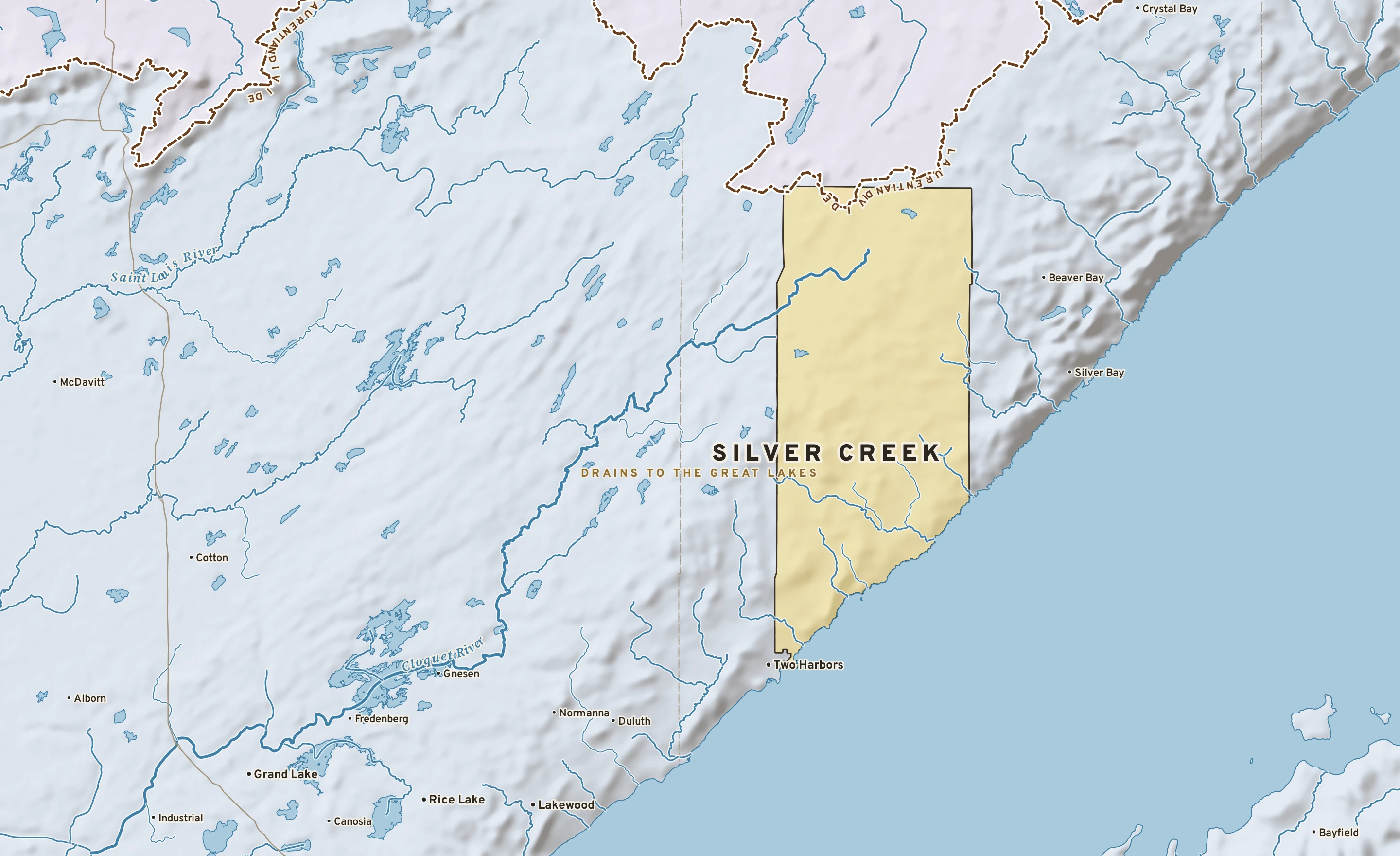 Shaded-relief atlas plate of Silver Creek, Minnesota: rivers, roads, the city limits and where the water drains.