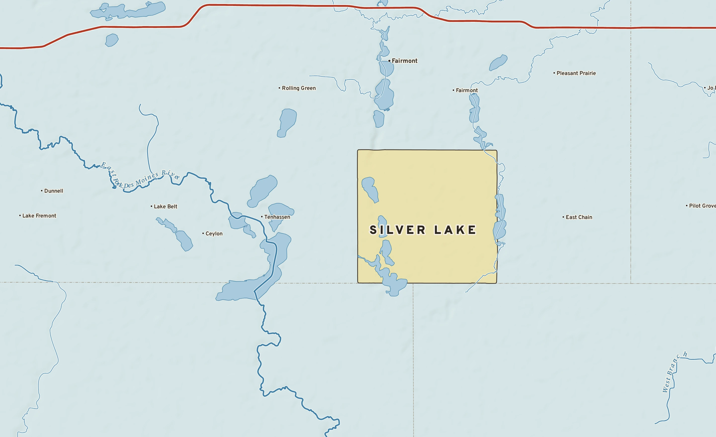 Shaded-relief atlas plate of Silver Lake, Minnesota: rivers, roads, the city limits and where the water drains.