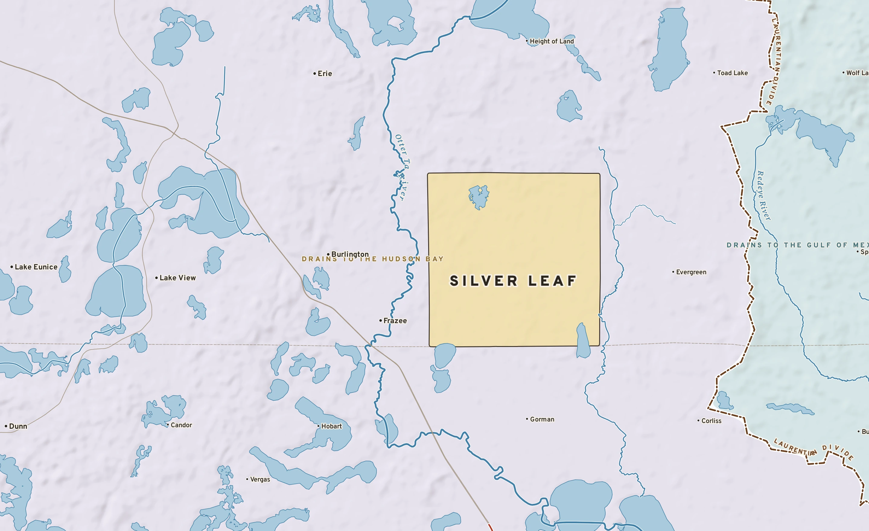 Shaded-relief atlas plate of Silver Leaf, Minnesota: rivers, roads, the city limits and where the water drains.