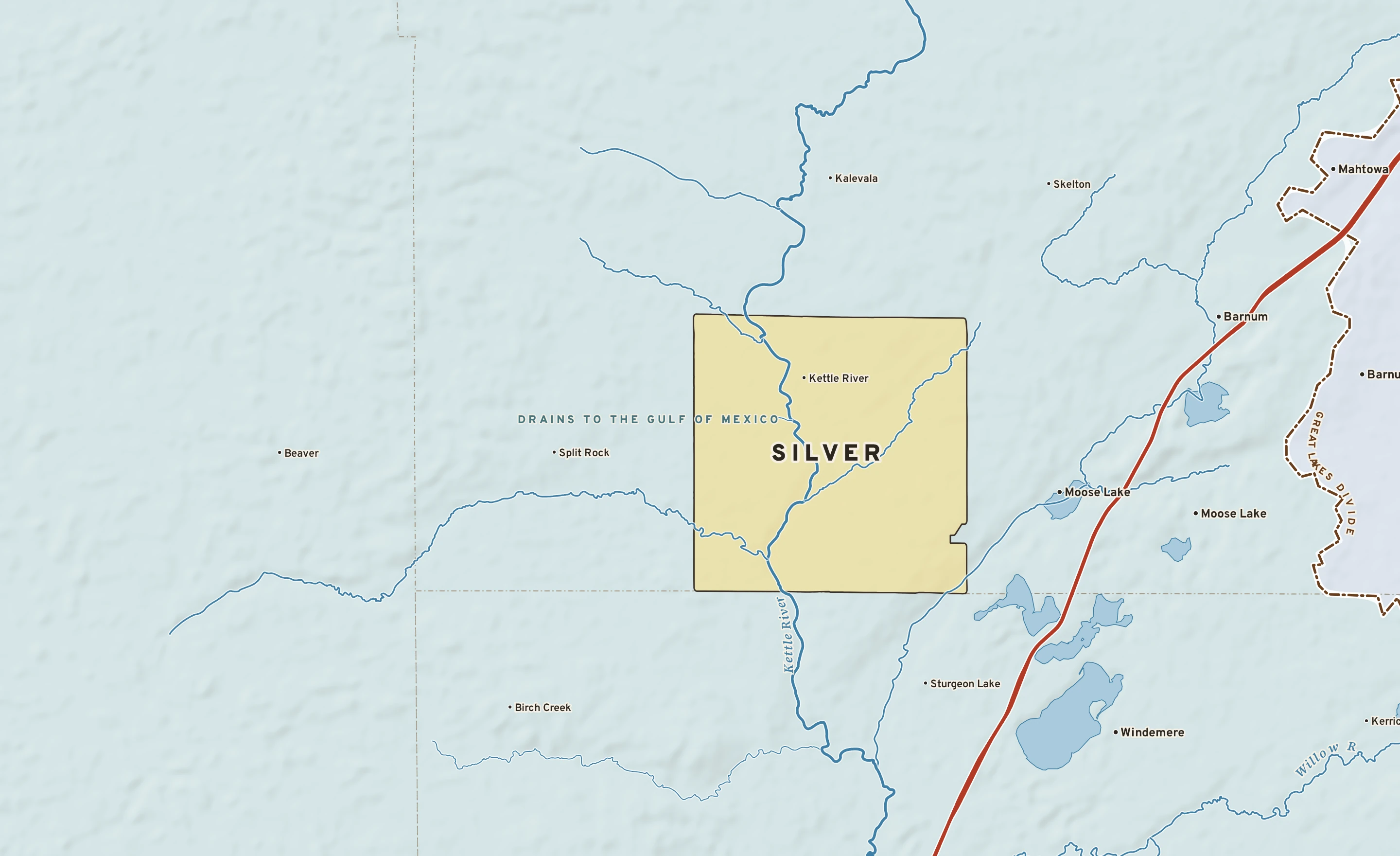 Shaded-relief atlas plate of Silver, Minnesota: rivers, roads, the city limits and where the water drains.