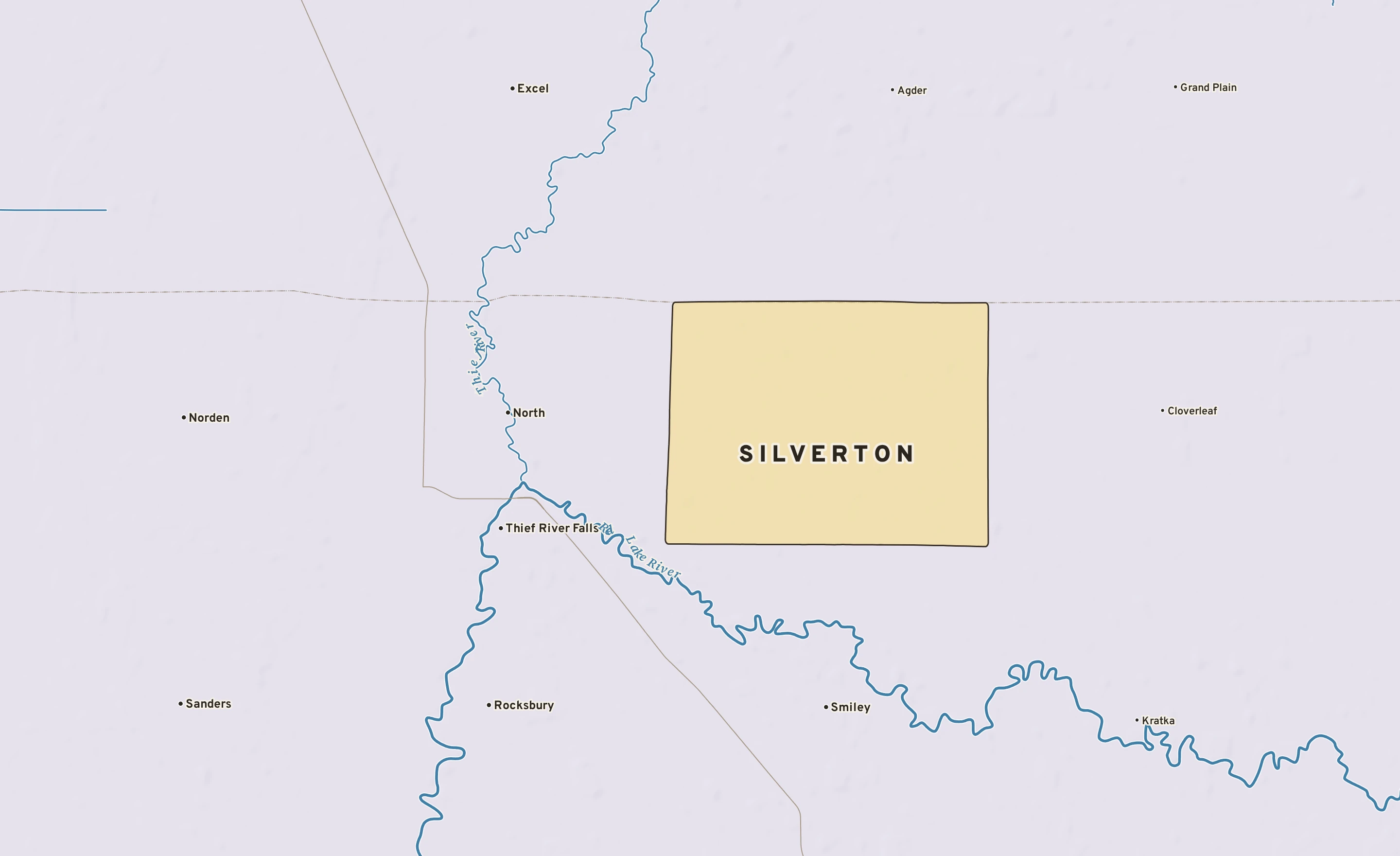 Shaded-relief atlas plate of Silverton, Minnesota: rivers, roads, the city limits and where the water drains.