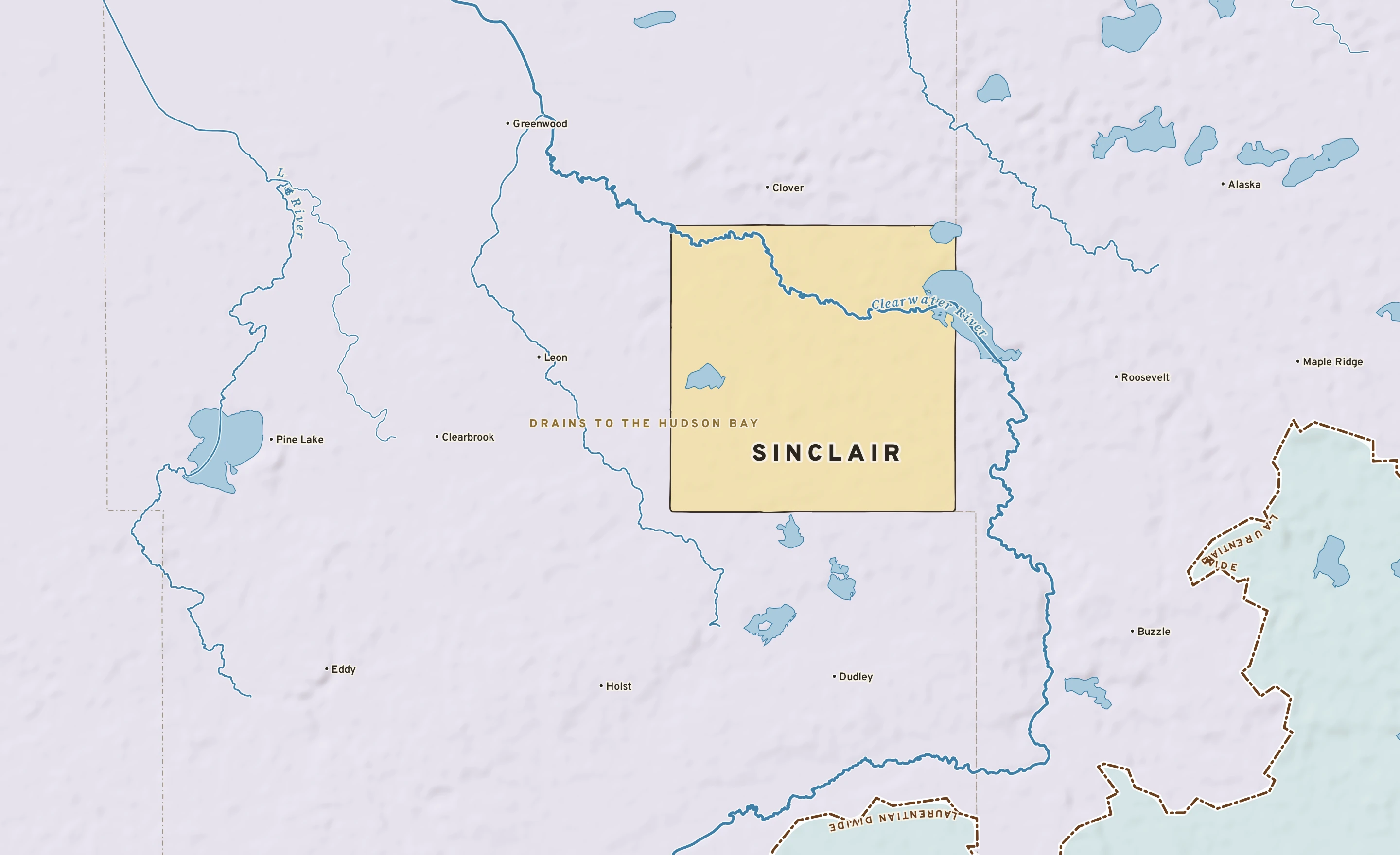 Shaded-relief atlas plate of Sinclair, Minnesota: rivers, roads, the city limits and where the water drains.