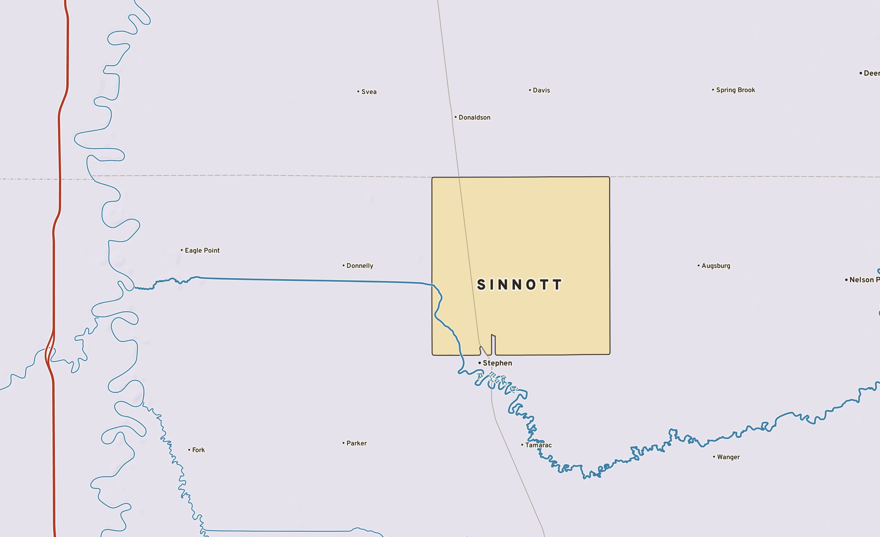 Shaded-relief atlas plate of Sinnott, Minnesota: rivers, roads, the city limits and where the water drains.