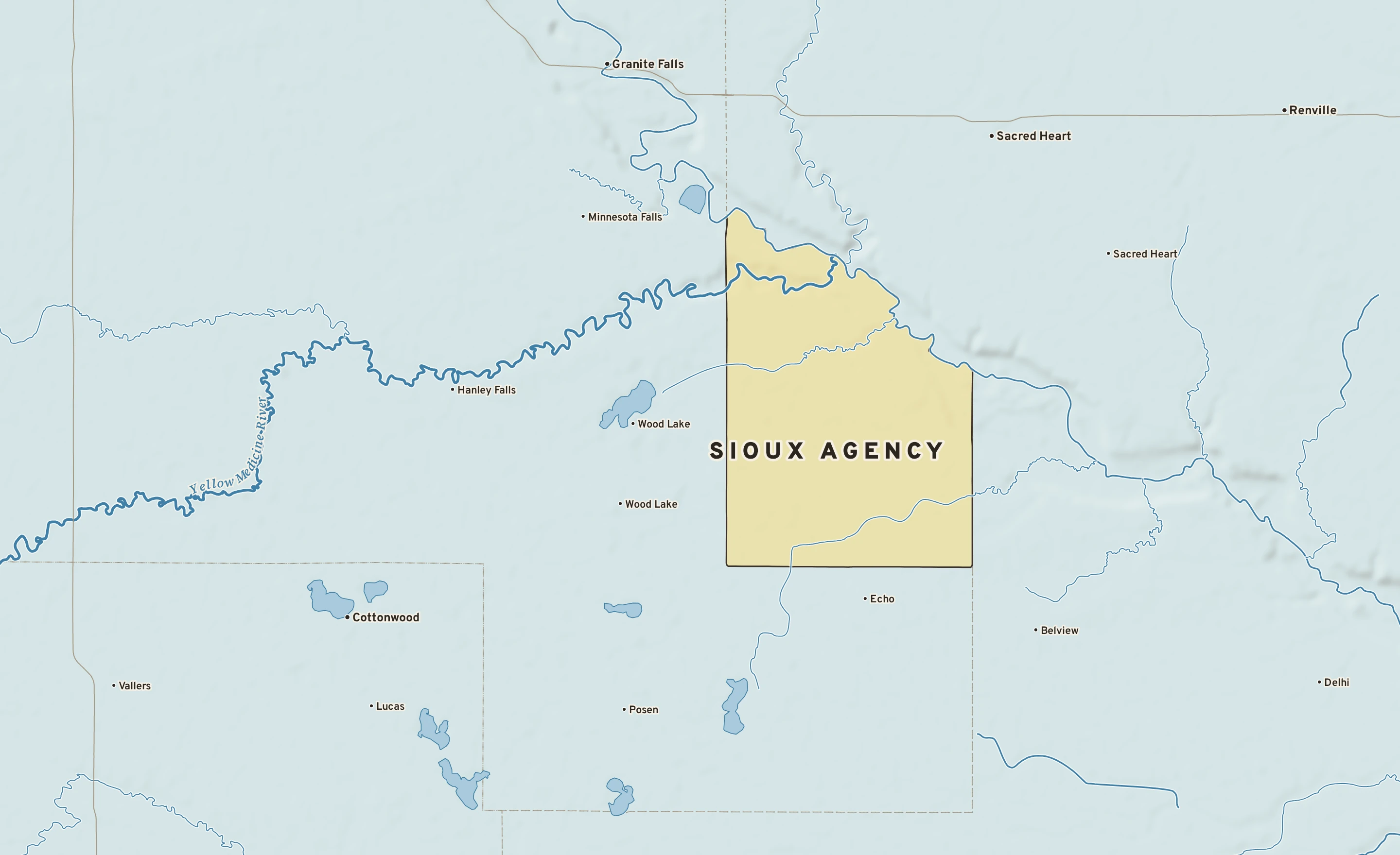 Shaded-relief atlas plate of Sioux Agency, Minnesota: rivers, roads, the city limits and where the water drains.