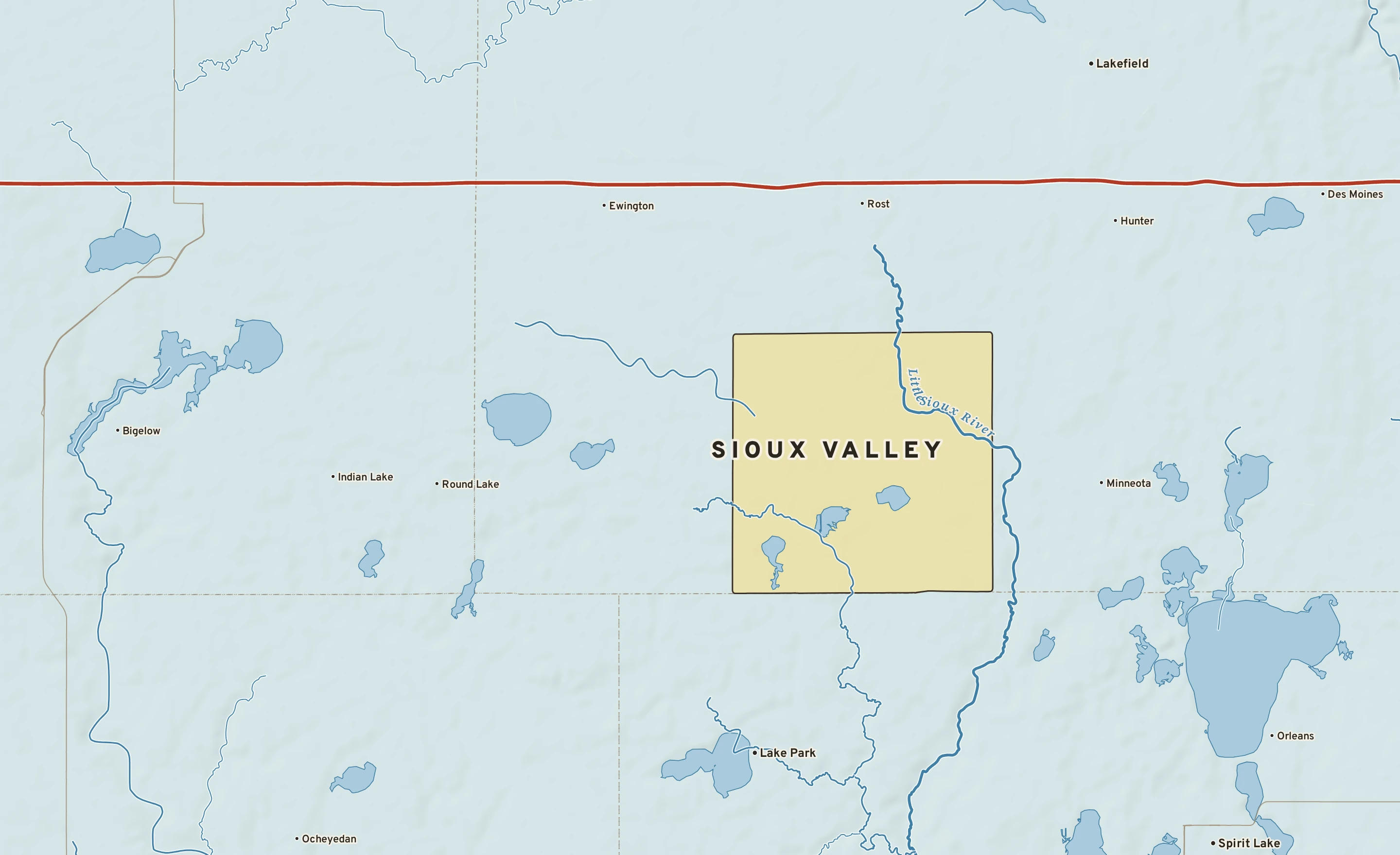 Shaded-relief atlas plate of Sioux Valley, Minnesota: rivers, roads, the city limits and where the water drains.