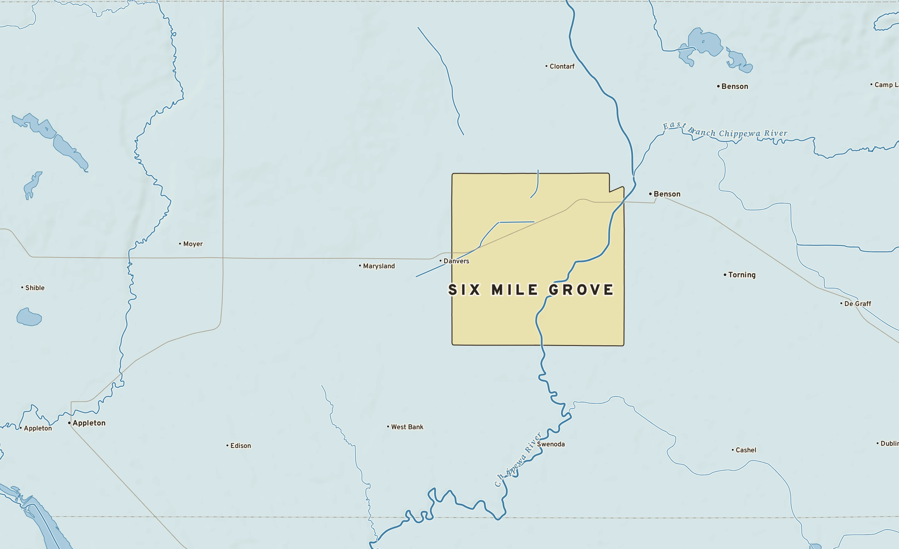 Shaded-relief atlas plate of Six Mile Grove, Minnesota: rivers, roads, the city limits and where the water drains.