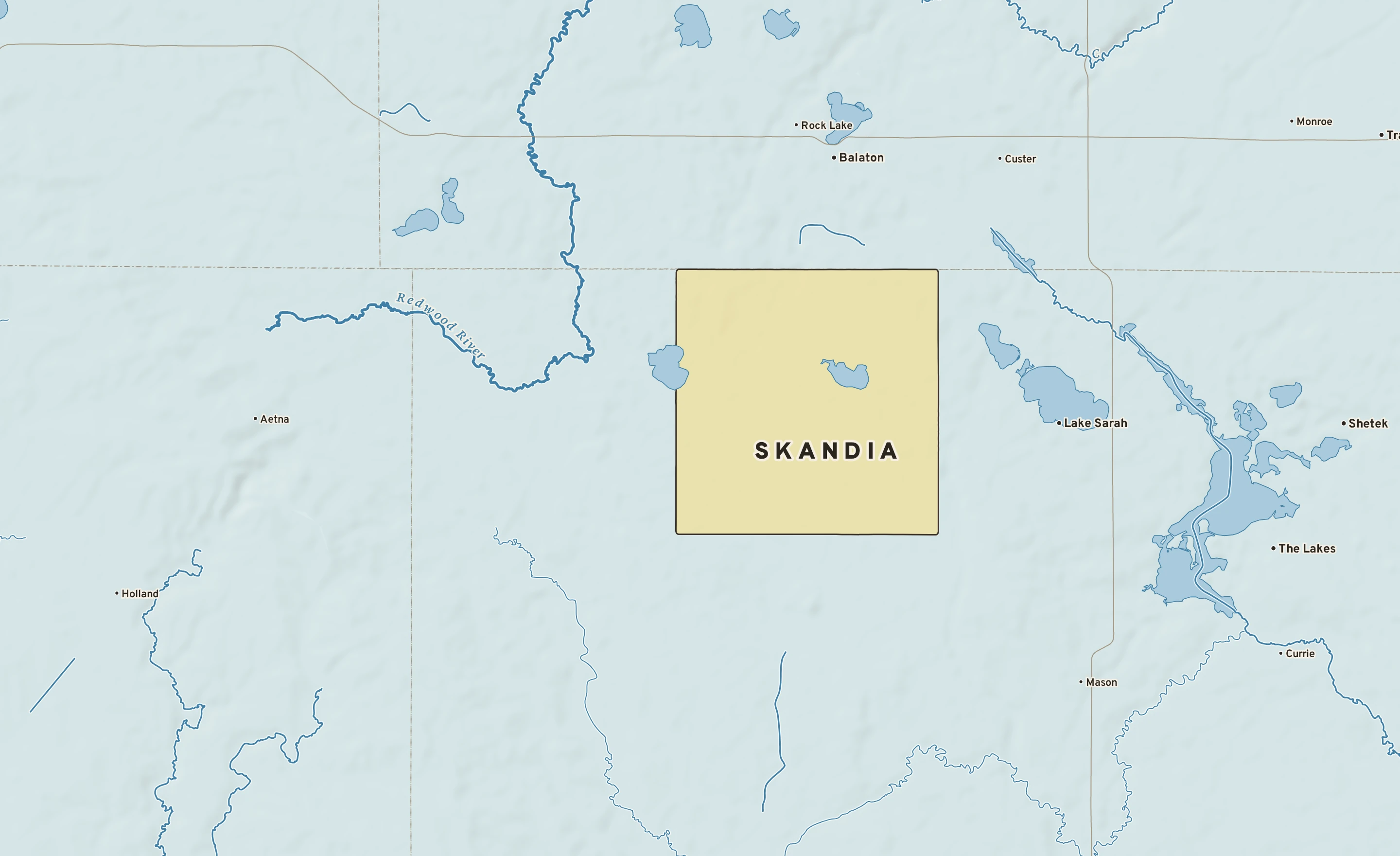 Shaded-relief atlas plate of Skandia, Minnesota: rivers, roads, the city limits and where the water drains.