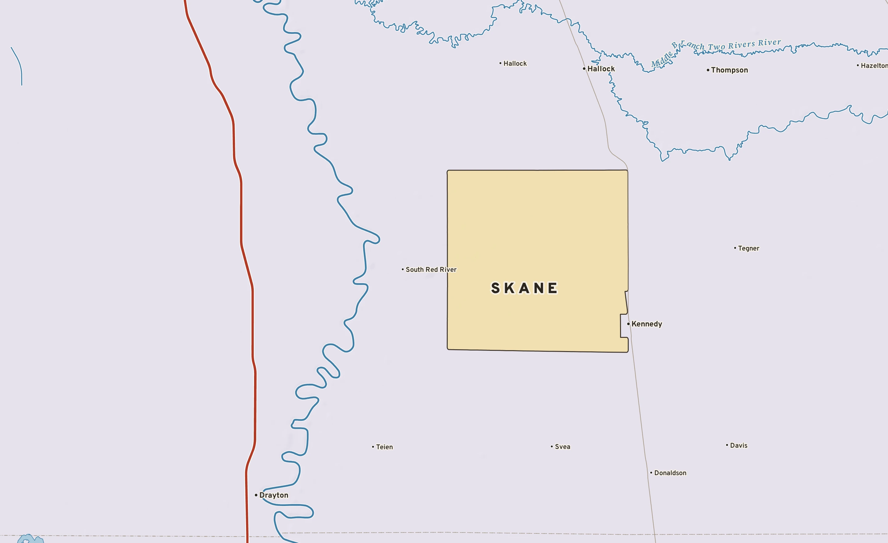 Shaded-relief atlas plate of Skane, Minnesota: rivers, roads, the city limits and where the water drains.