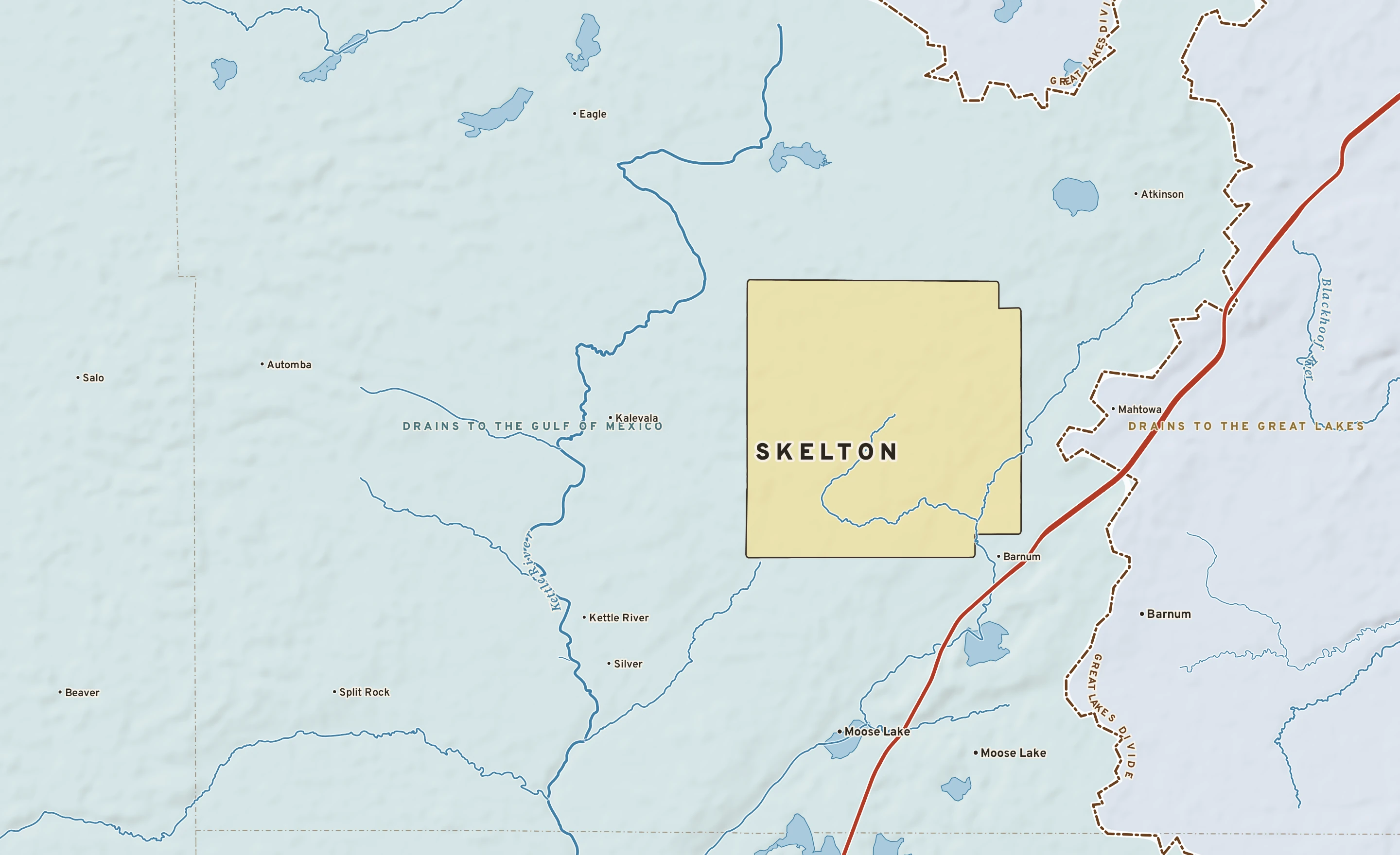 Shaded-relief atlas plate of Skelton, Minnesota: rivers, roads, the city limits and where the water drains.