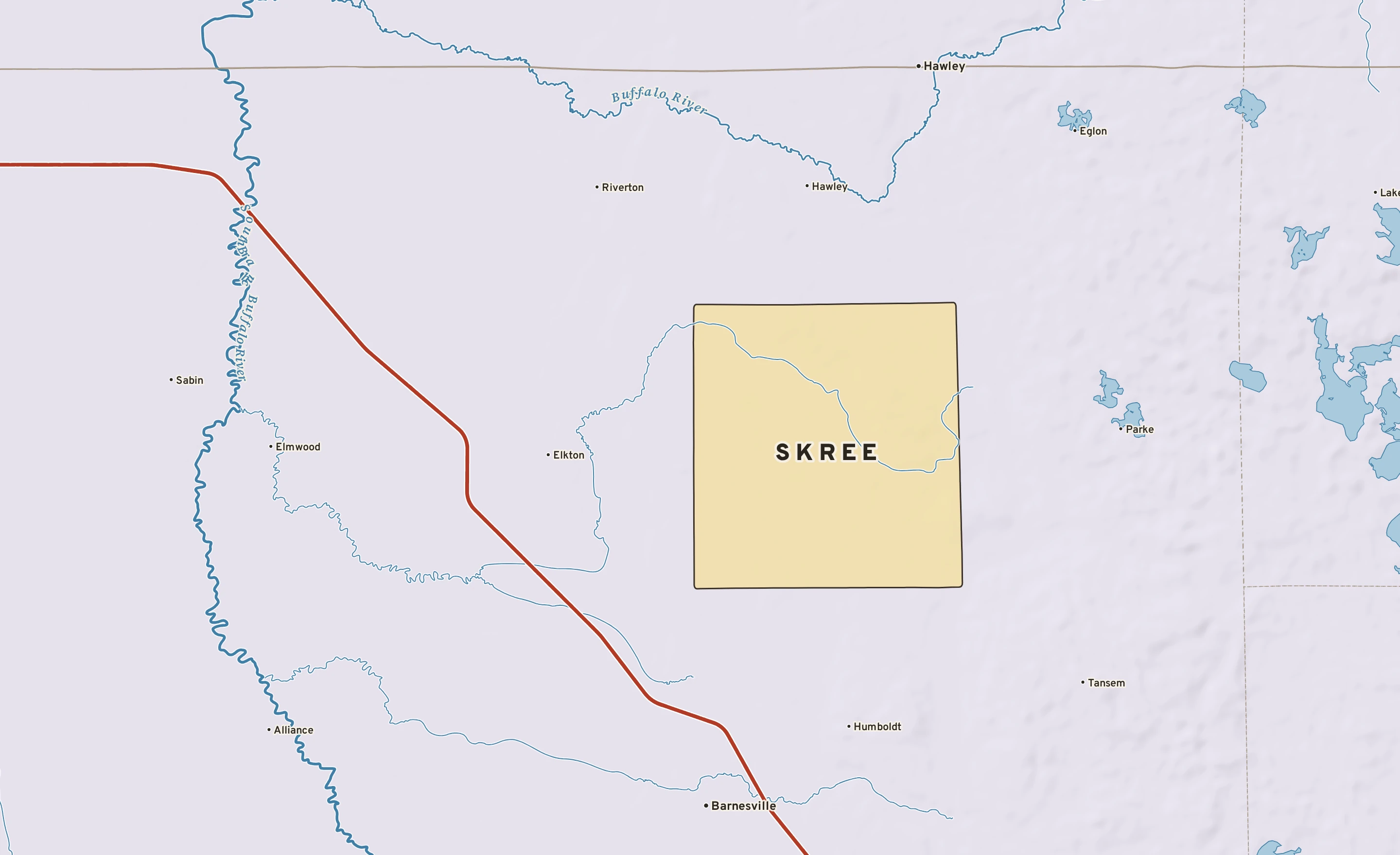 Shaded-relief atlas plate of Skree, Minnesota: rivers, roads, the city limits and where the water drains.
