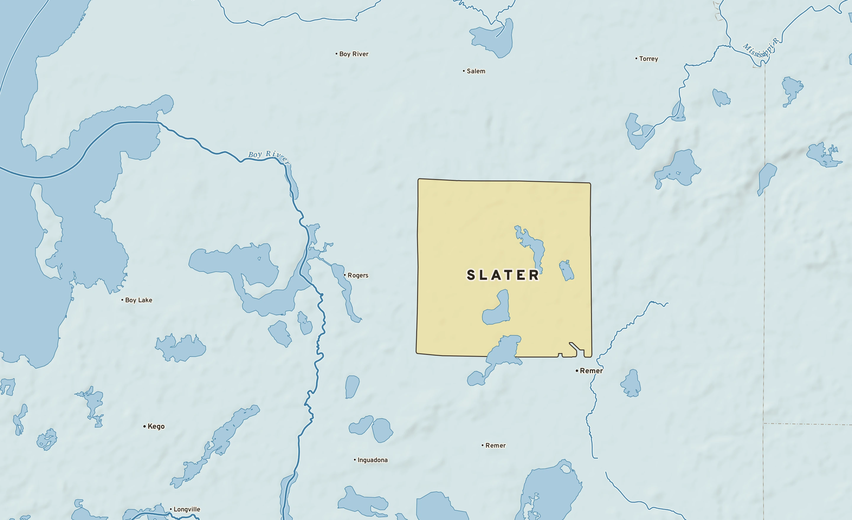 Shaded-relief atlas plate of Slater, Minnesota: rivers, roads, the city limits and where the water drains.