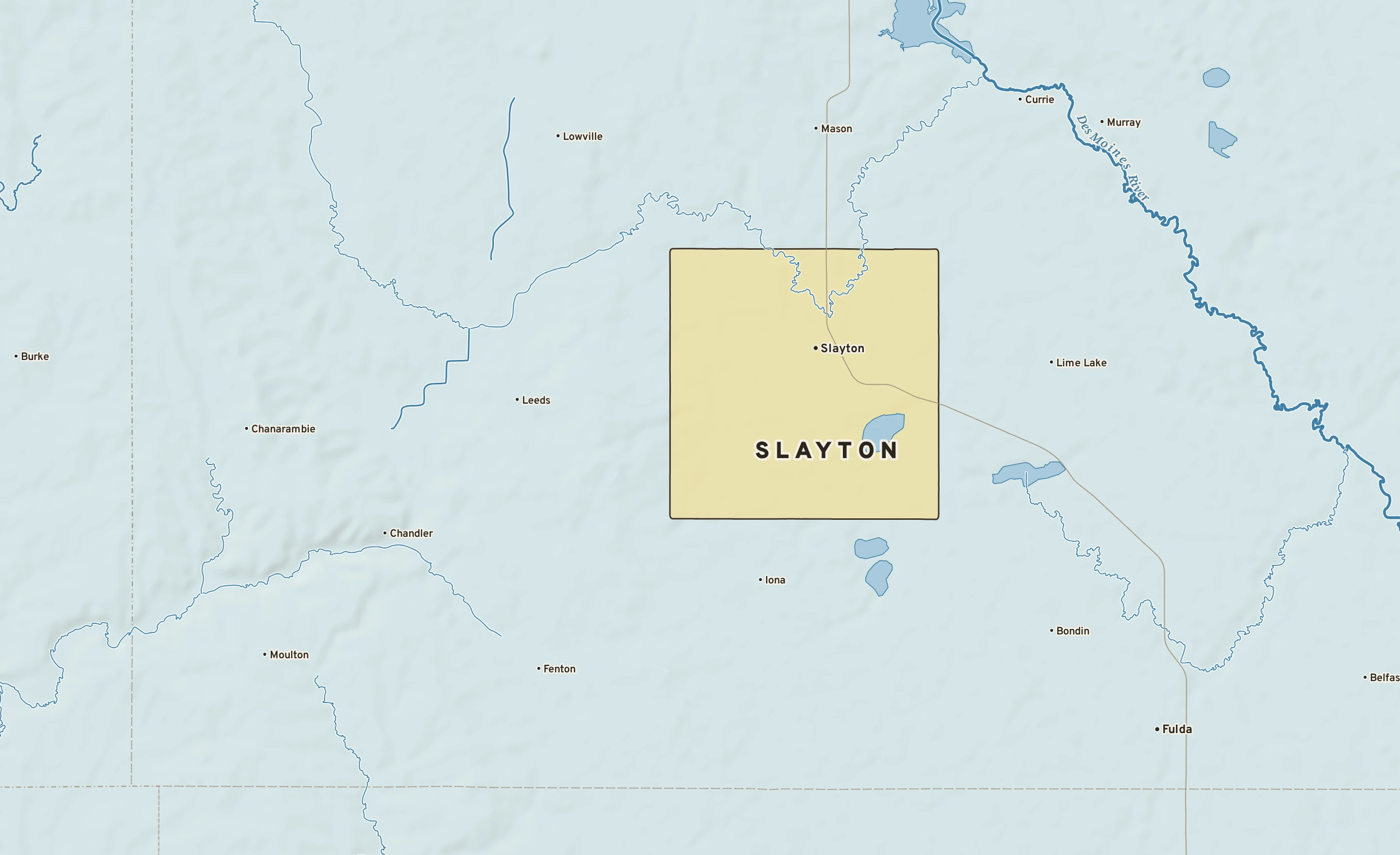 Shaded-relief atlas plate of Slayton, Minnesota: rivers, roads, the city limits and where the water drains.