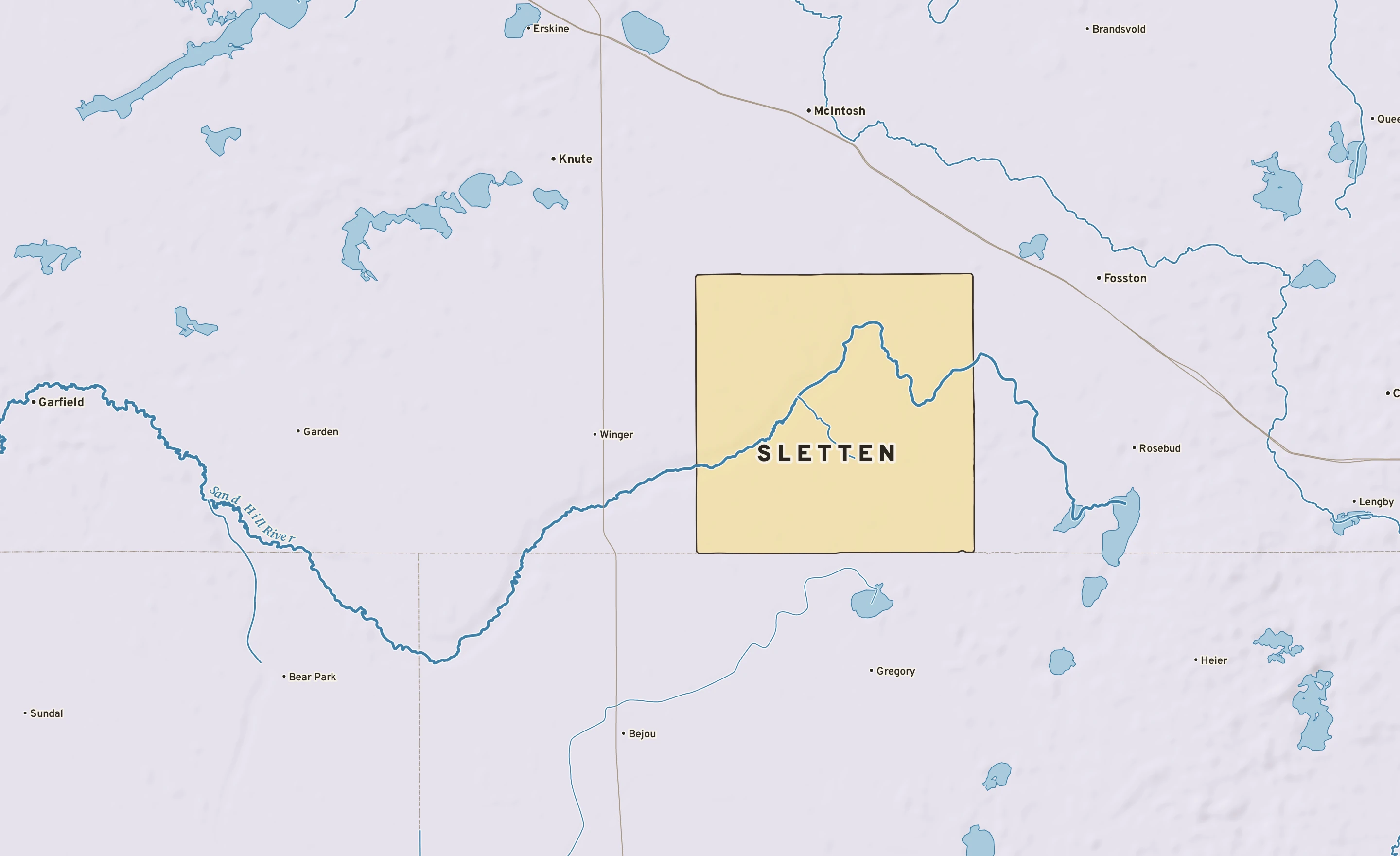Shaded-relief atlas plate of Sletten, Minnesota: rivers, roads, the city limits and where the water drains.