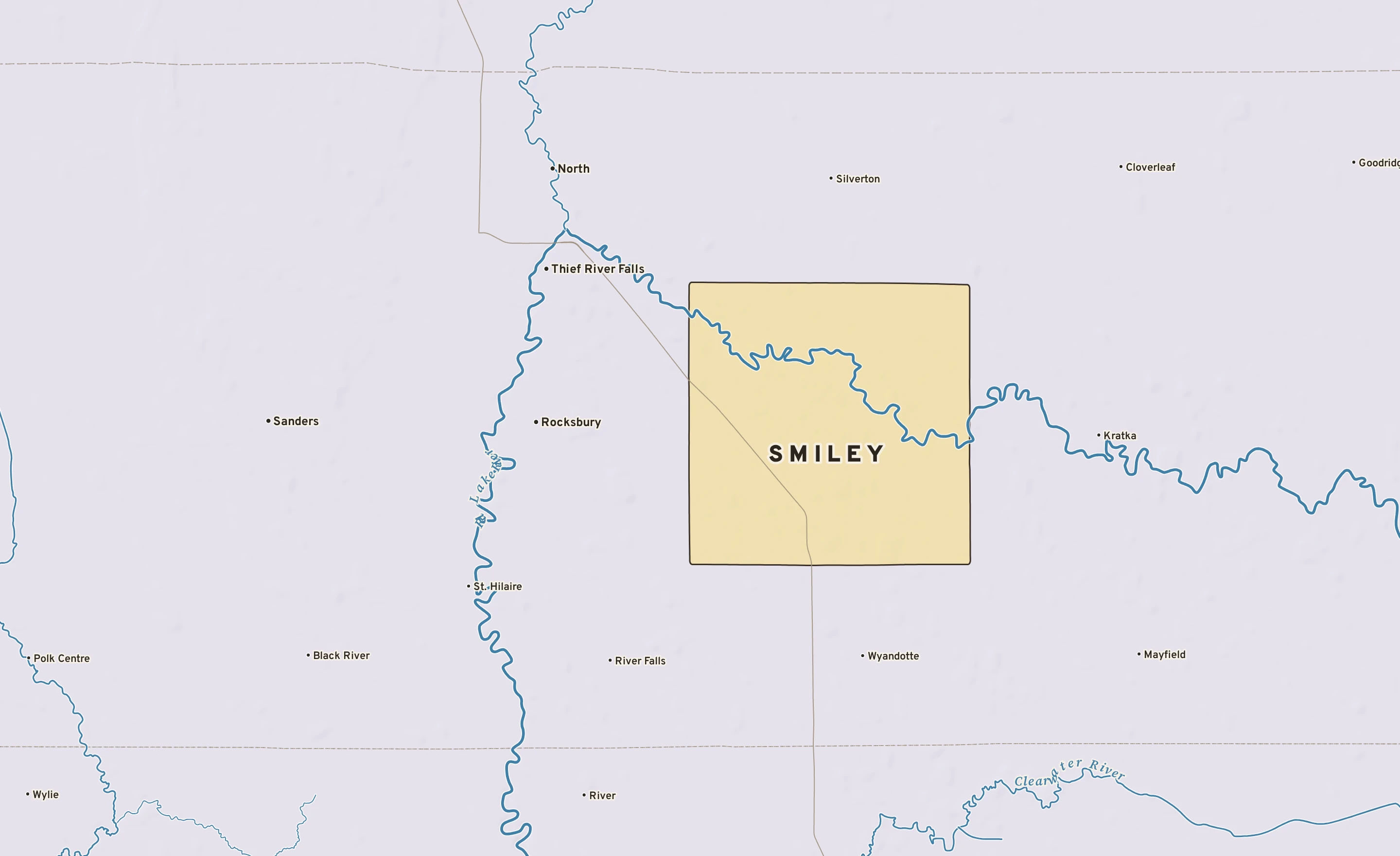 Shaded-relief atlas plate of Smiley, Minnesota: rivers, roads, the city limits and where the water drains.