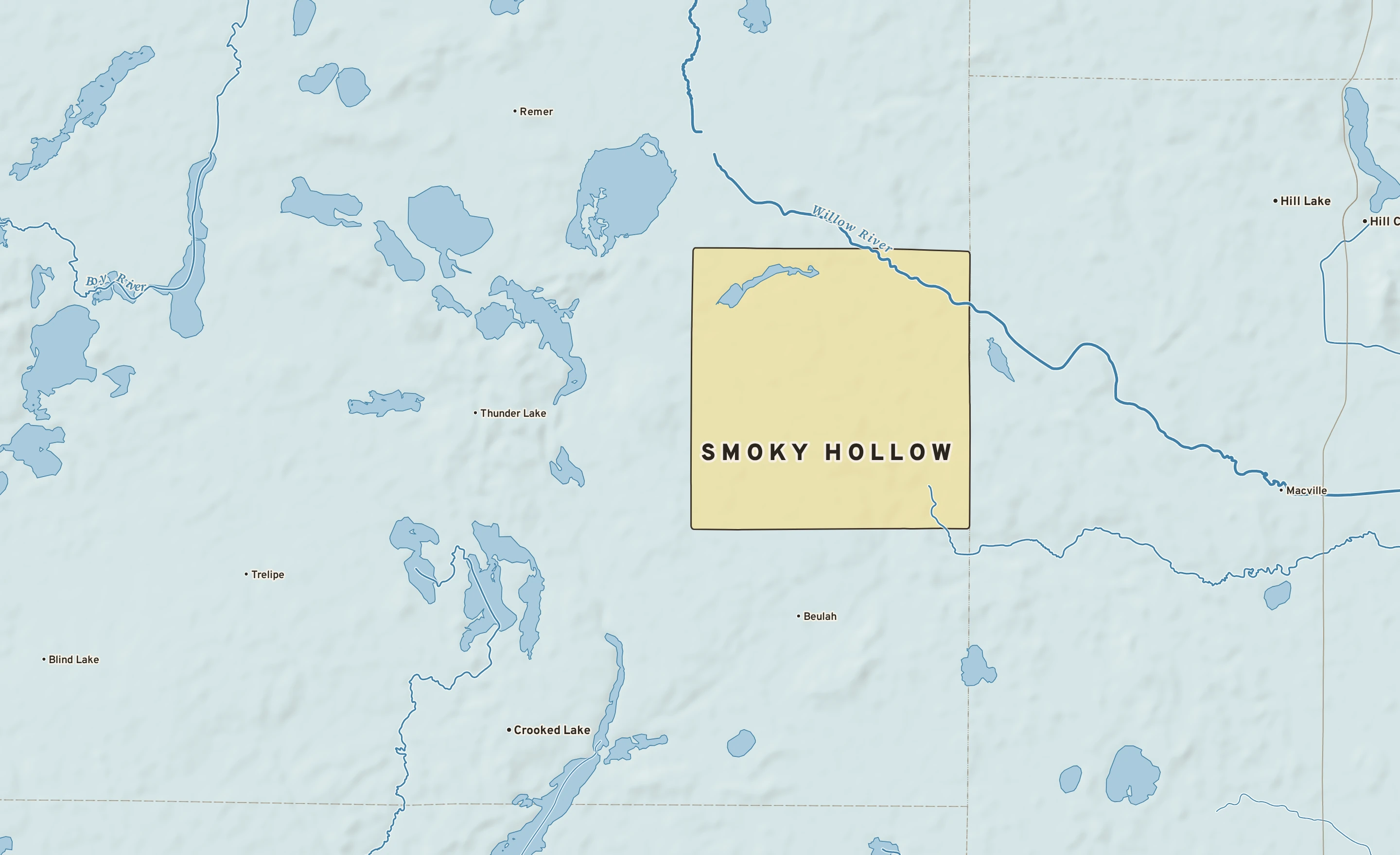 Shaded-relief atlas plate of Smoky Hollow, Minnesota: rivers, roads, the city limits and where the water drains.