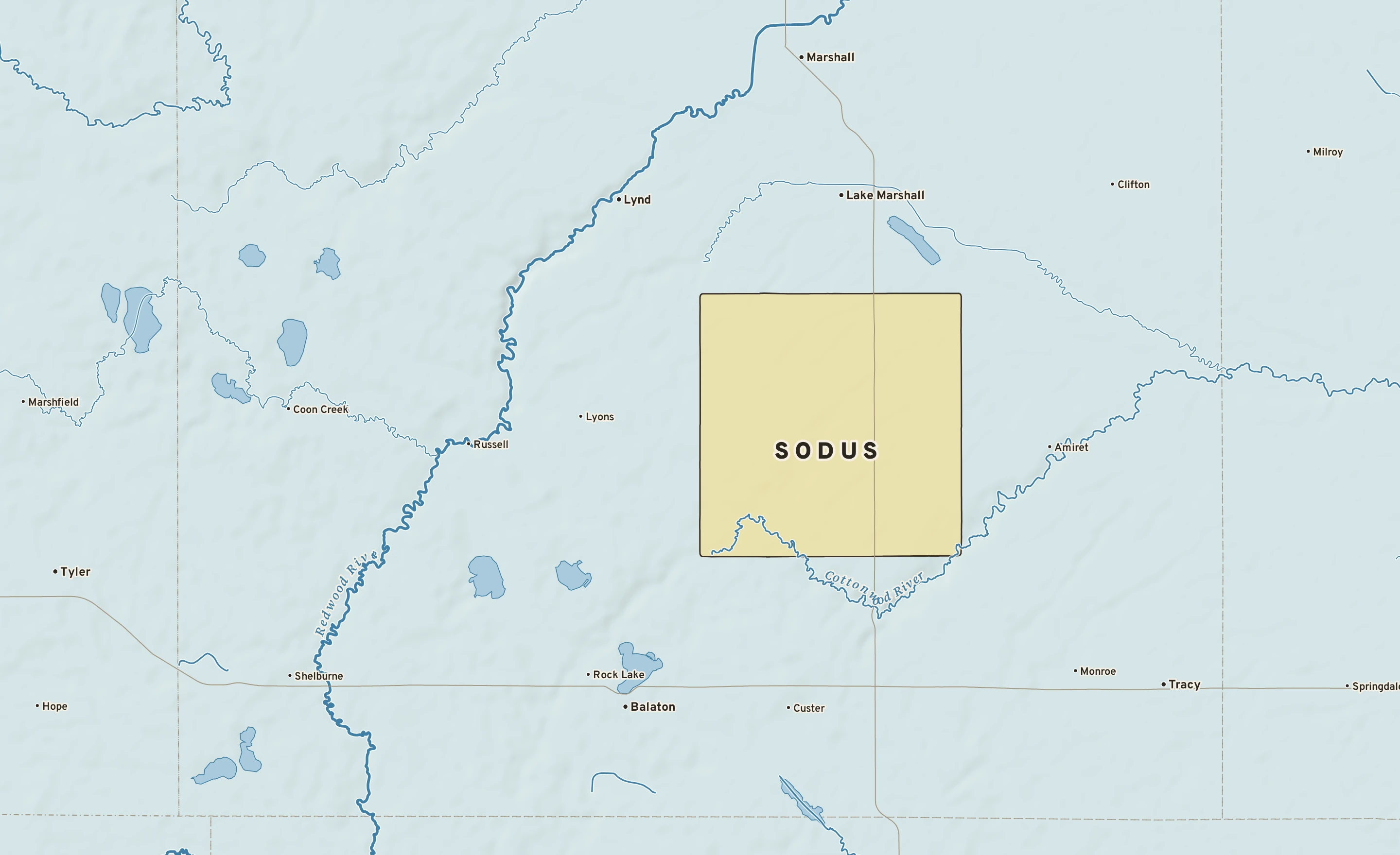 Shaded-relief atlas plate of Sodus, Minnesota: rivers, roads, the city limits and where the water drains.