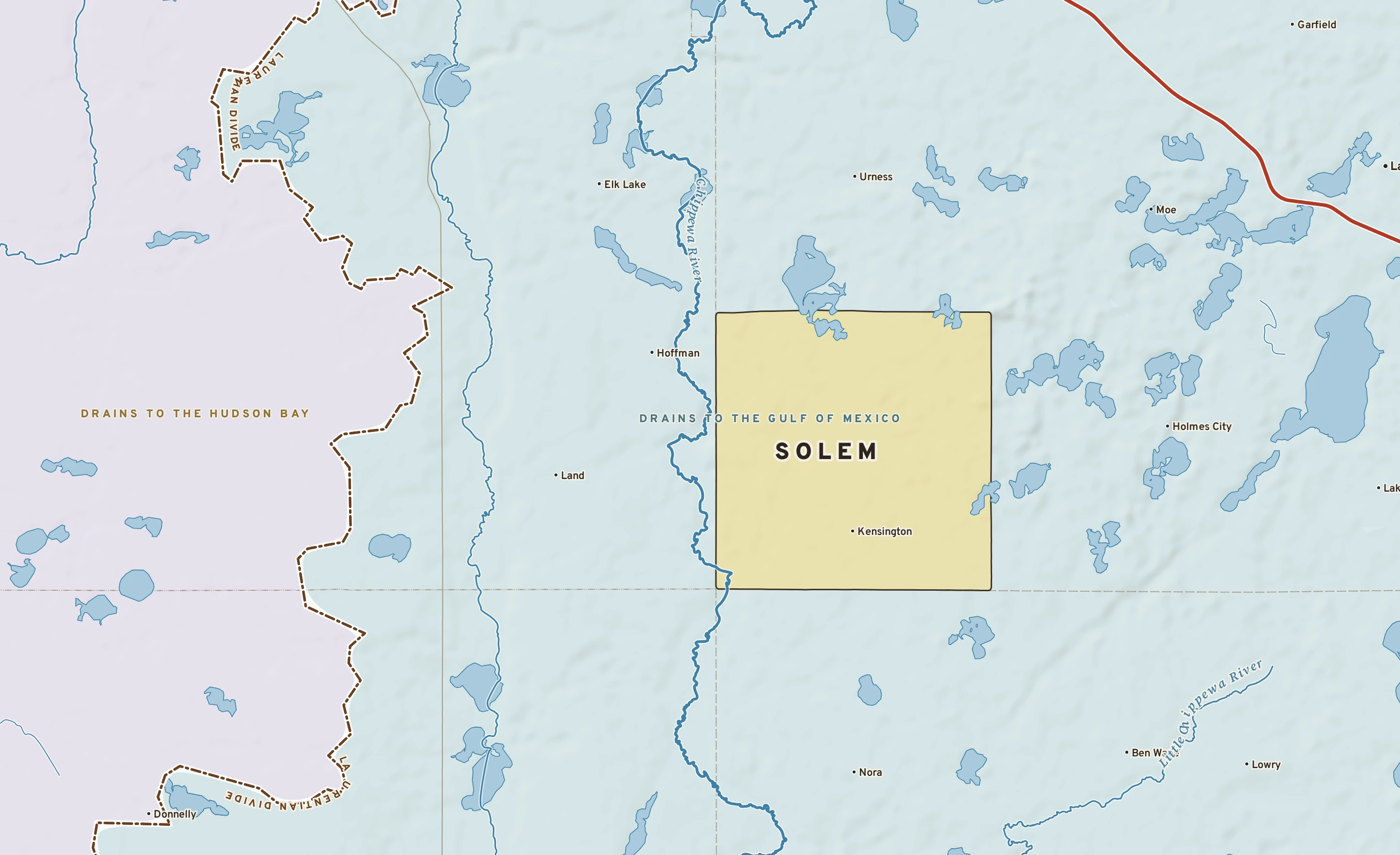 Shaded-relief atlas plate of Solem, Minnesota: rivers, roads, the city limits and where the water drains.