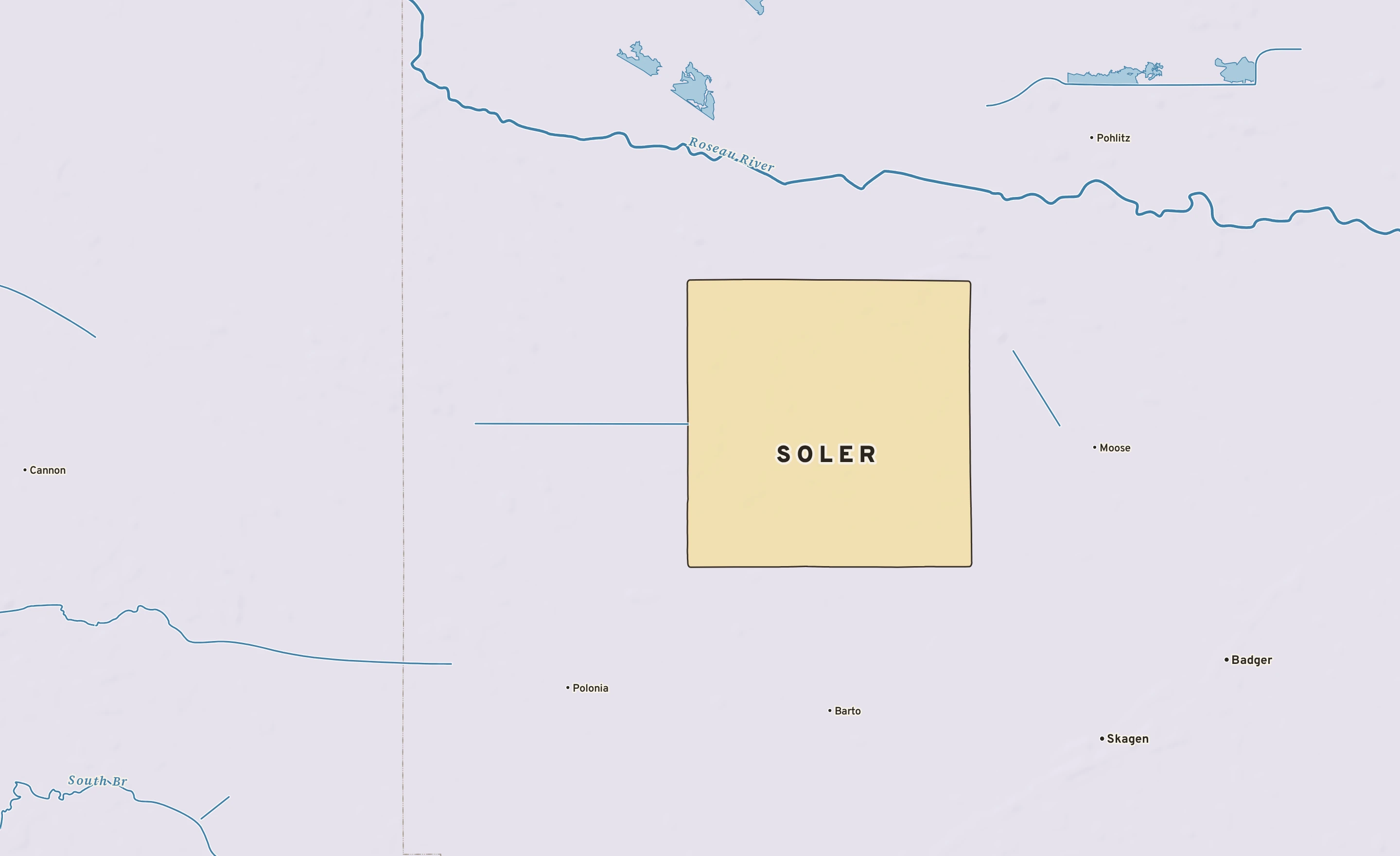 Shaded-relief atlas plate of Soler, Minnesota: rivers, roads, the city limits and where the water drains.