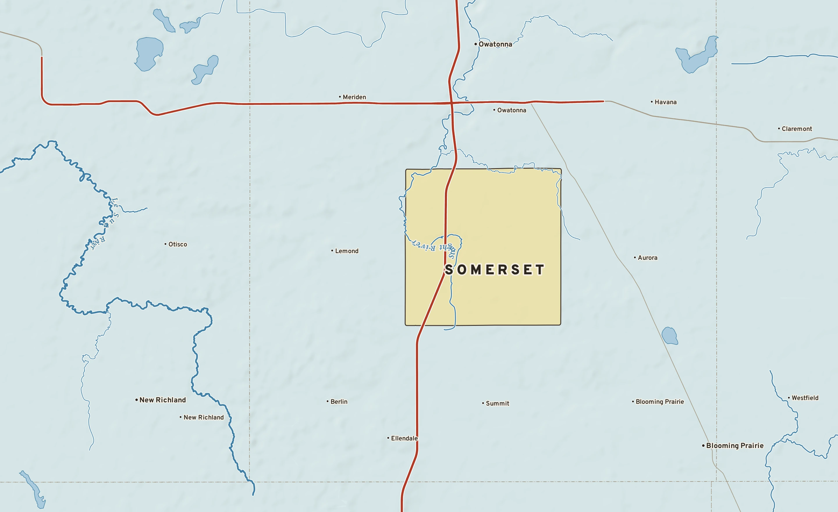Shaded-relief atlas plate of Somerset, Minnesota: rivers, roads, the city limits and where the water drains.