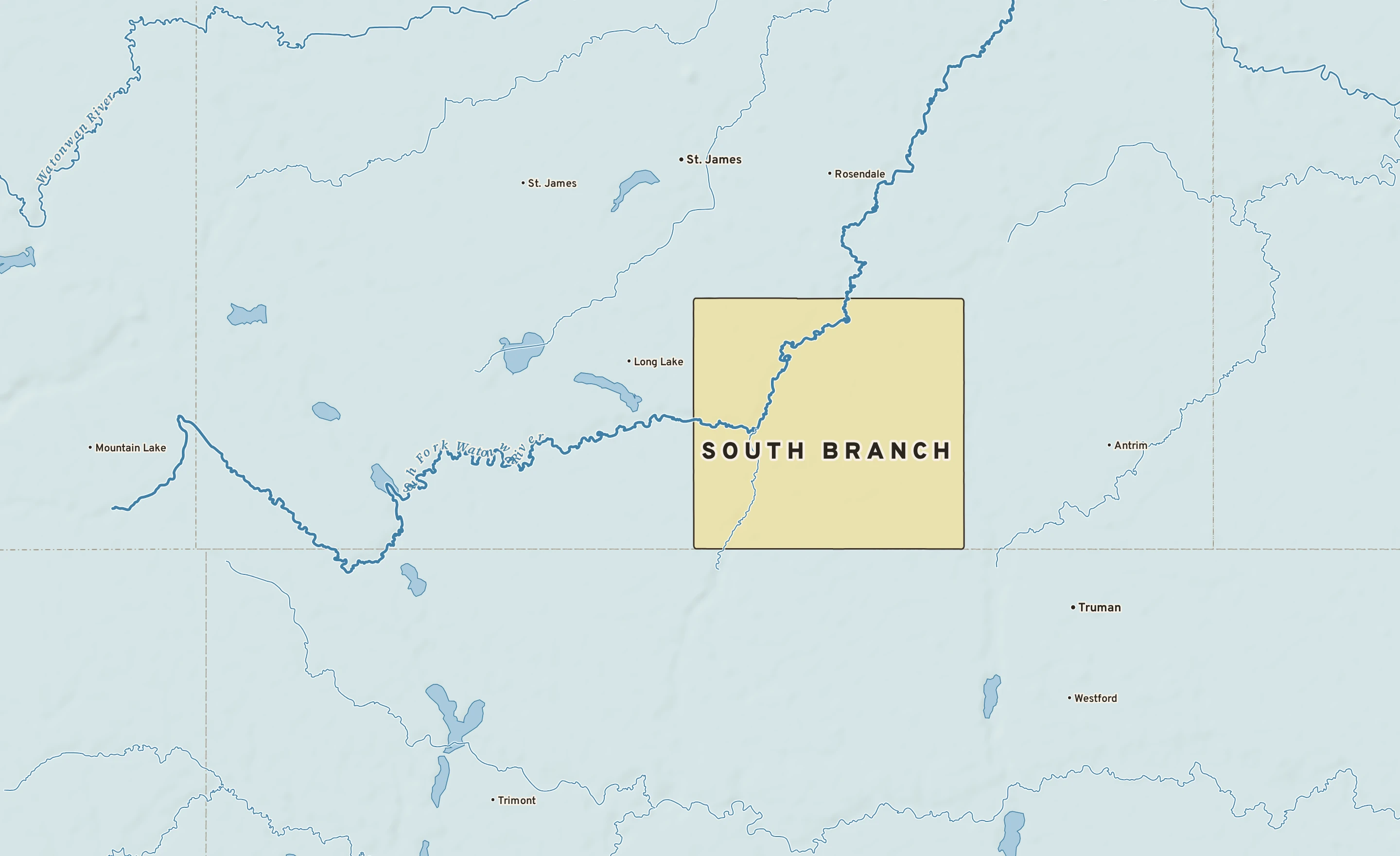 Shaded-relief atlas plate of South Branch, Minnesota: rivers, roads, the city limits and where the water drains.